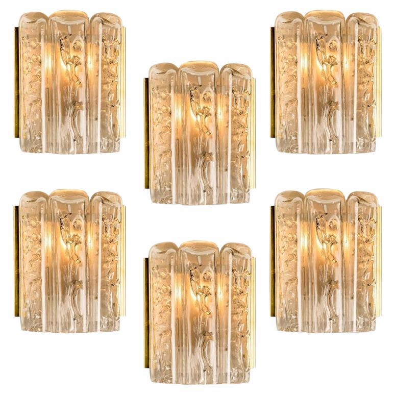 Large Quanty of Structured Blown Glass and Brass Wall Sconces by Doria, 1960 For Sale