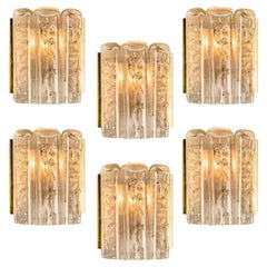 Retro Large Quanty of Structured Blown Glass and Brass Wall Sconces by Doria, 1960
