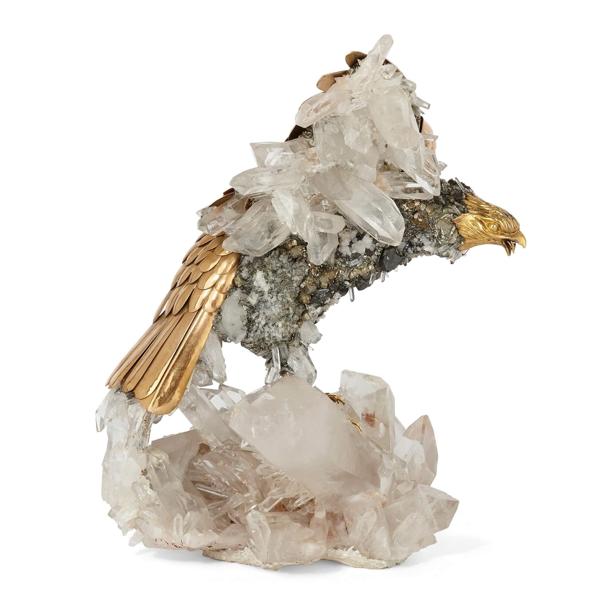 Swiss Large Quartz Crystal and Vermeil Bird Model by Asprey For Sale