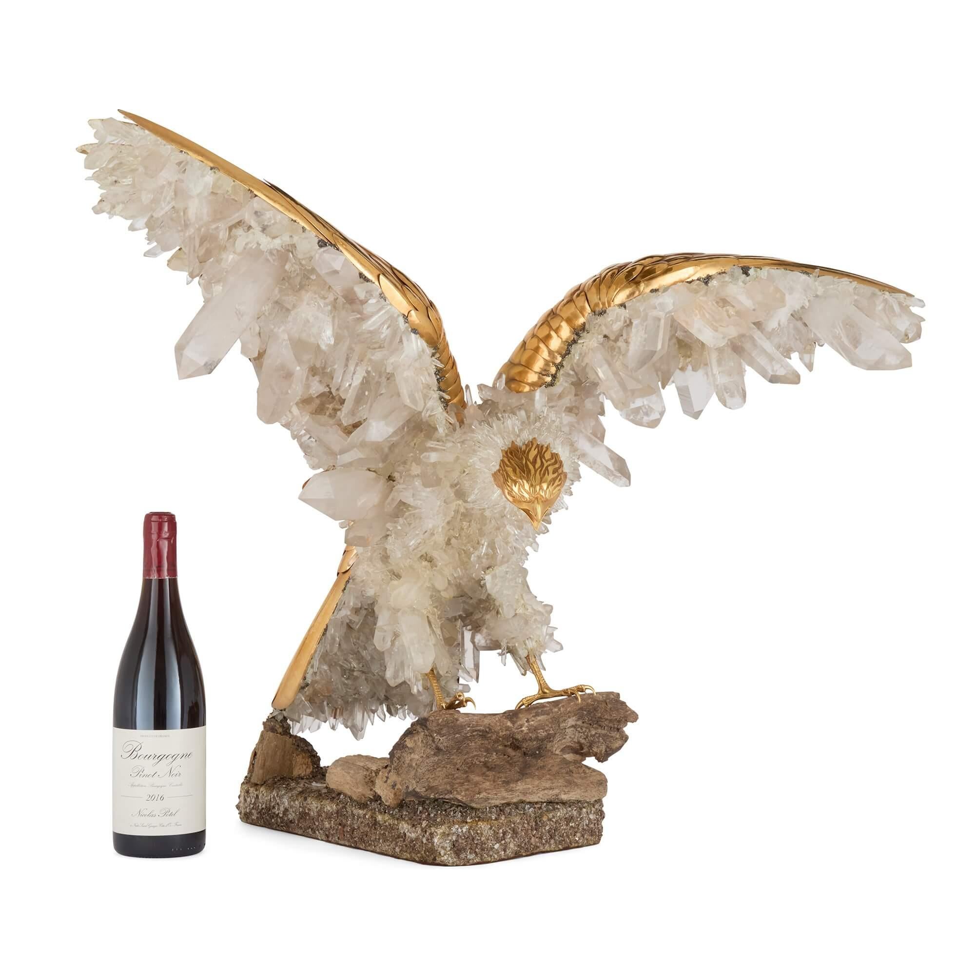 Large Quartz Crystal, Pyrite and Vermeil Model of an Eagle Attributed to Asprey For Sale 3