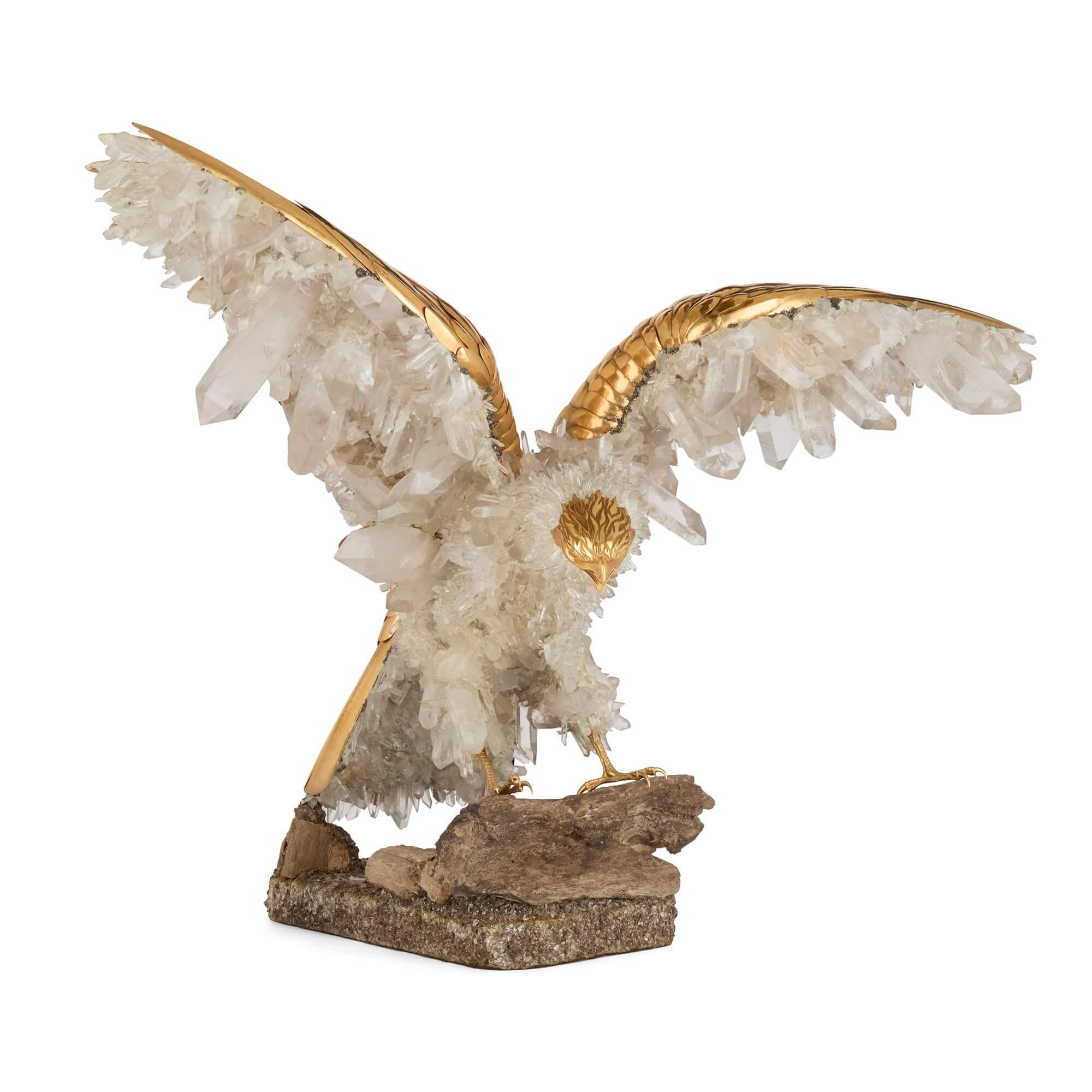 Large quartz crystal, pyrite and vermeil model of an eagle attributed to Asprey
Swiss, c. 1975
Height 62cm, width 81cm, depth 48cm

Attributed to the celebrated and well-known Asprey firm, the sculpture depicts a majestic eagle about to take off