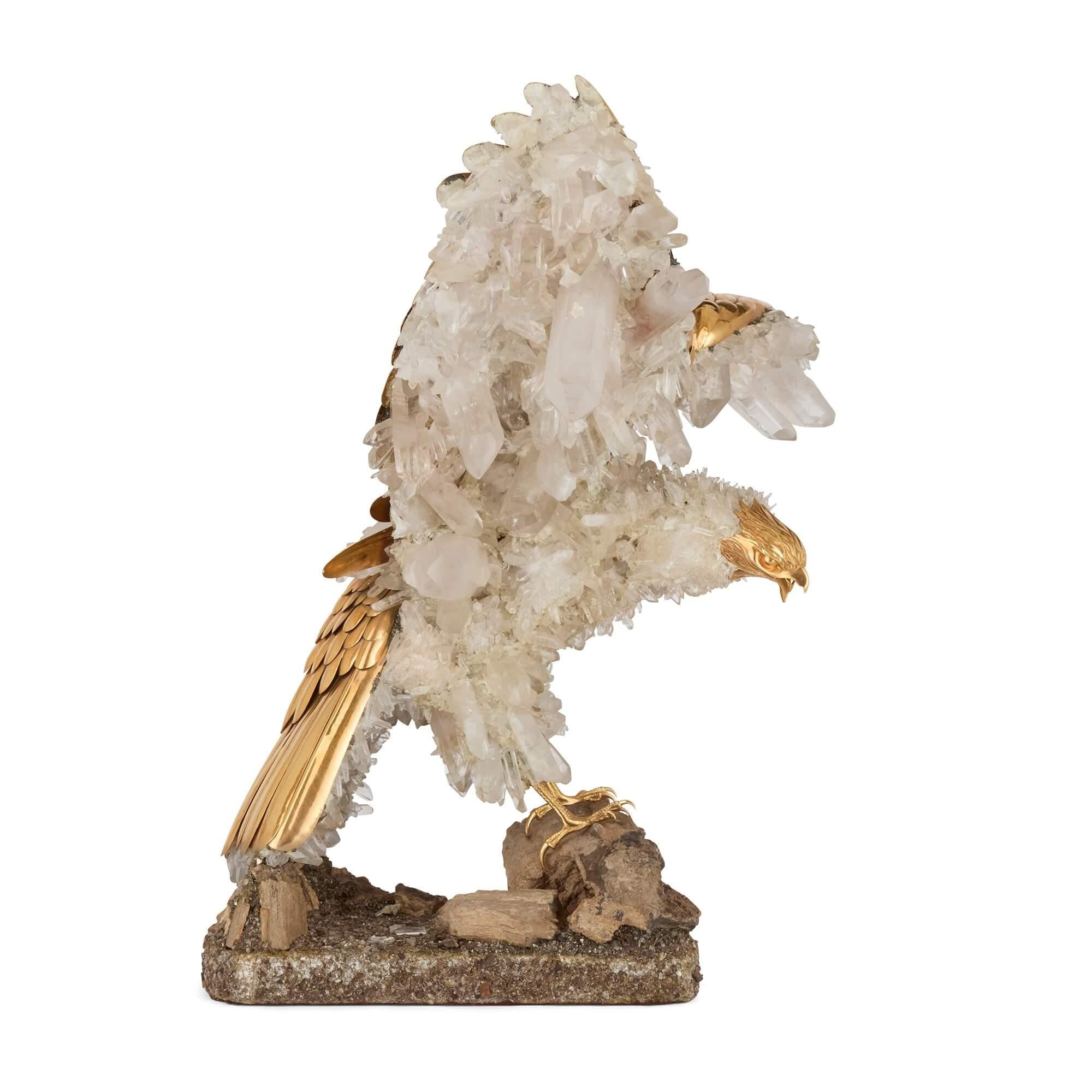 Swiss Large Quartz Crystal, Pyrite and Vermeil Model of an Eagle Attributed to Asprey For Sale
