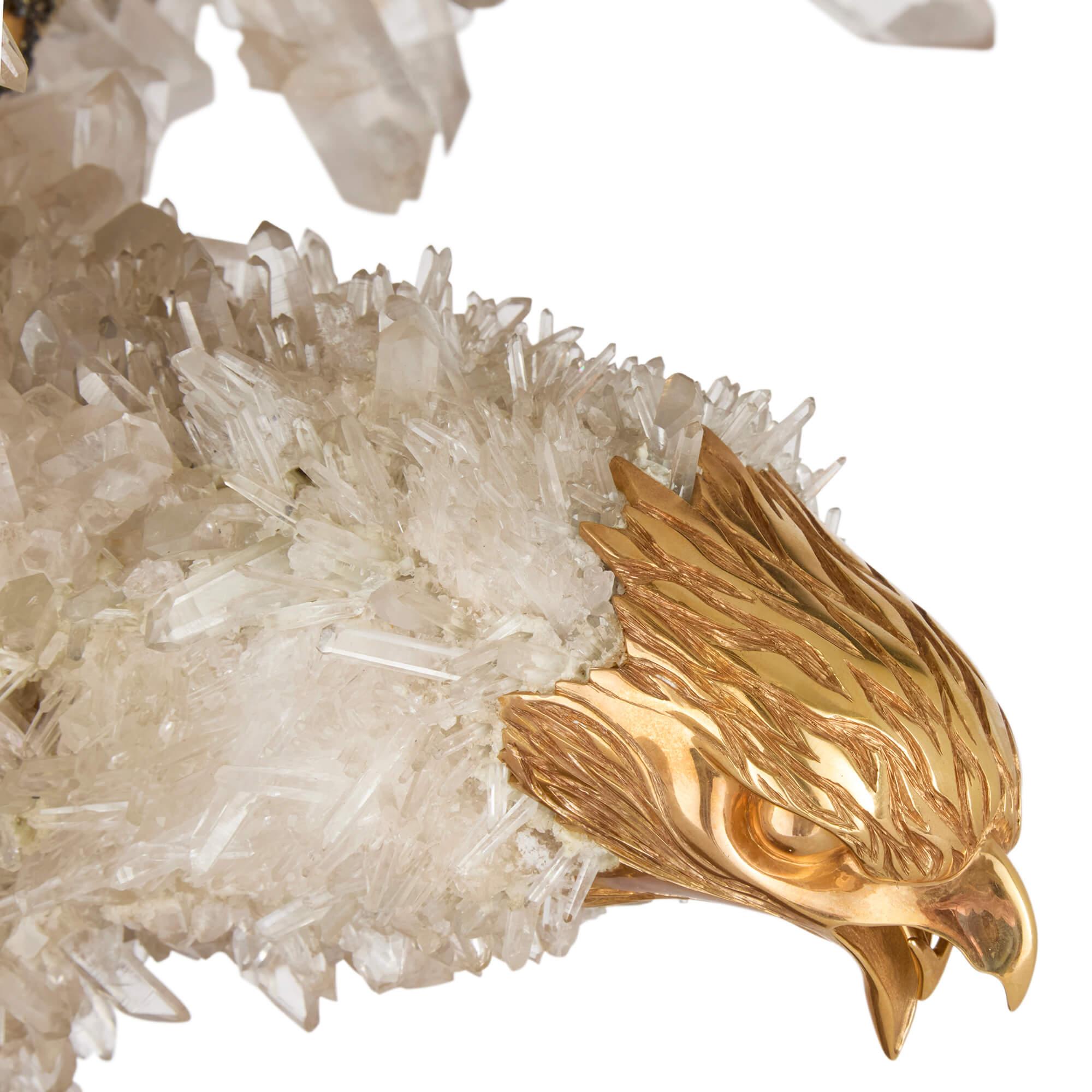Gilt Large Quartz Crystal, Pyrite and Vermeil Model of an Eagle Attributed to Asprey For Sale