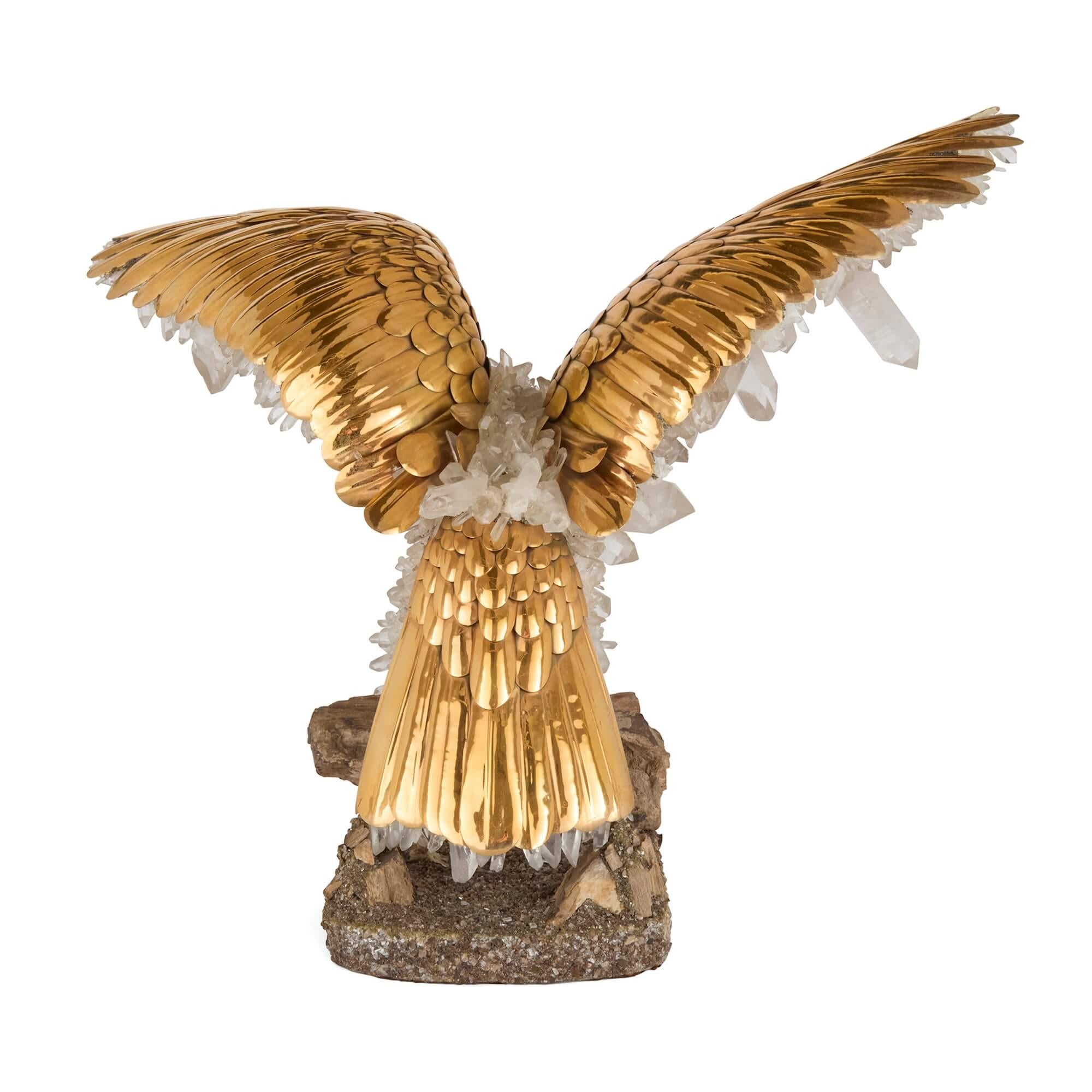 Large Quartz Crystal, Pyrite and Vermeil Model of an Eagle Attributed to Asprey In Good Condition For Sale In London, GB