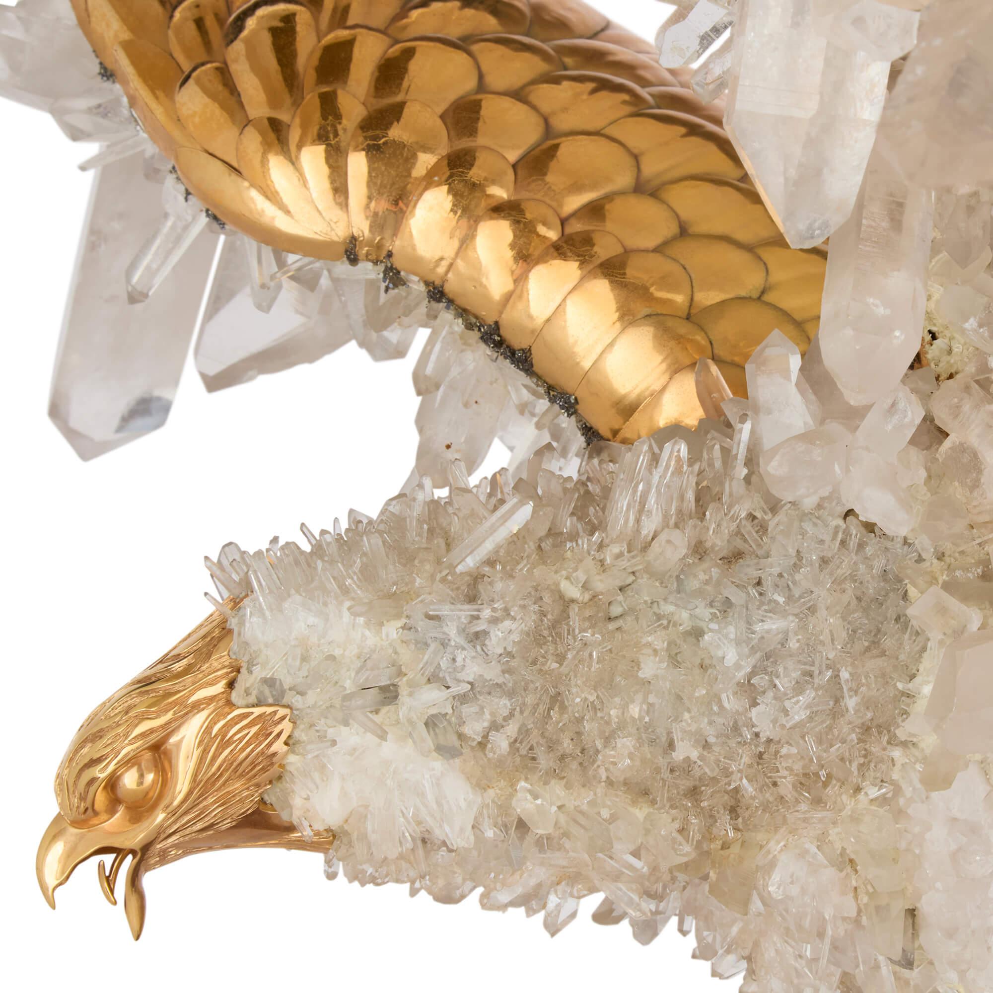Large Quartz Crystal, Pyrite and Vermeil Model of an Eagle Attributed to Asprey For Sale 2