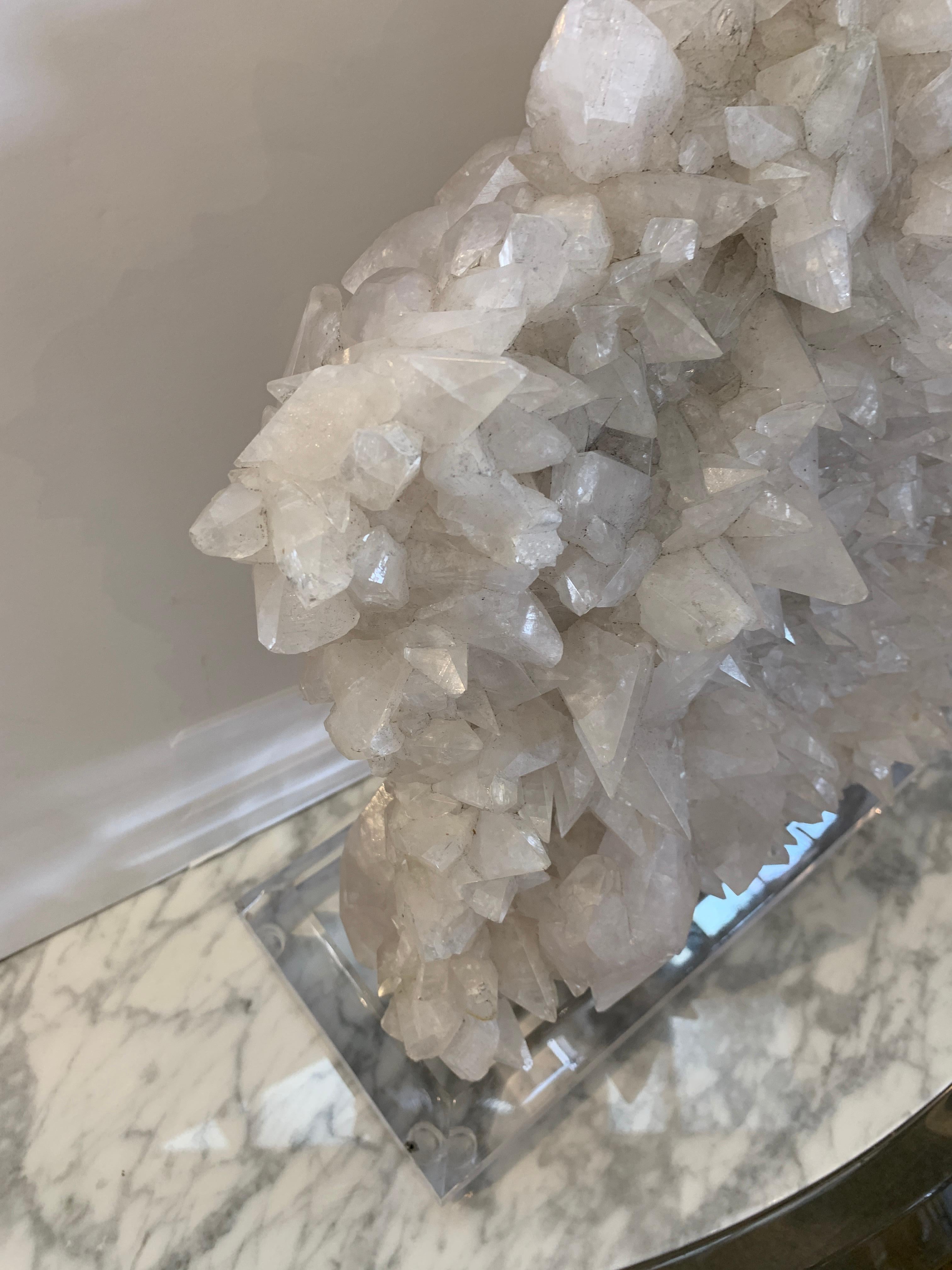 Large Quartz Crystal Specimen on Lucite Base In Good Condition In Palm Springs, CA