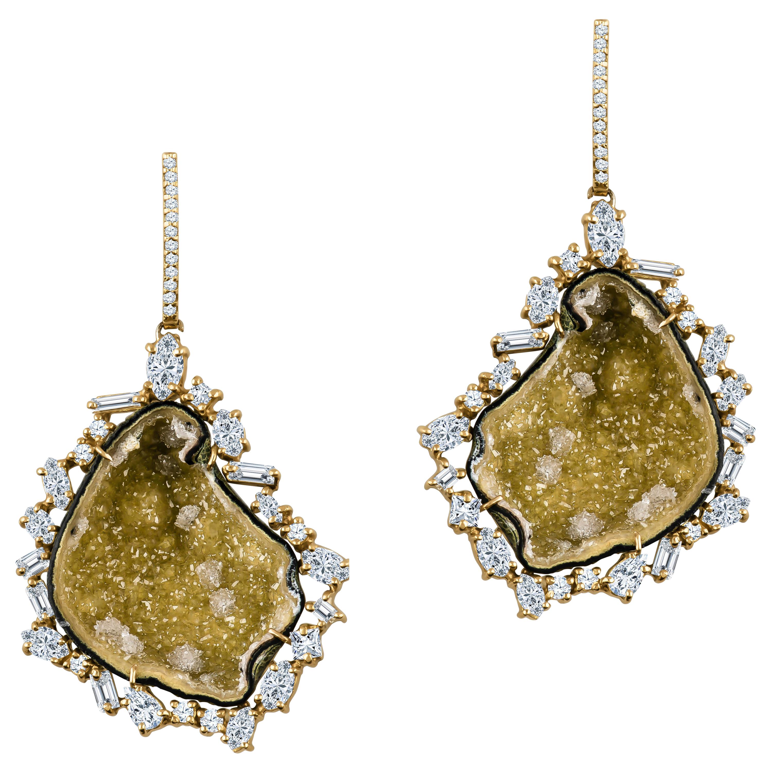 Large Quartz Geode Earrings with Free Form Halo of Various Diamonds 4.15 Carat