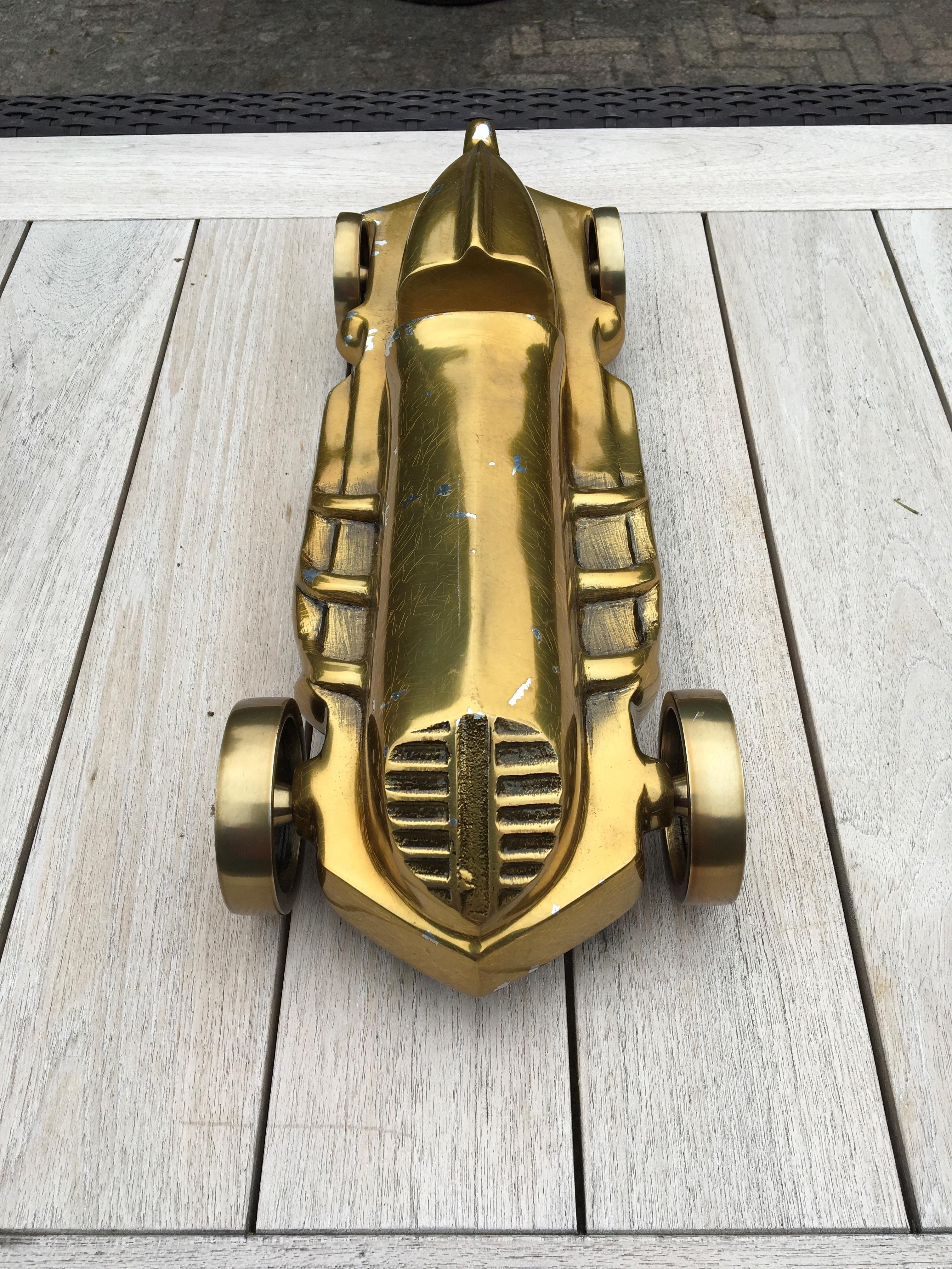 Large Racing Car Model, Polished Aluminium with Gold Finish In Good Condition In Antwerp, BE