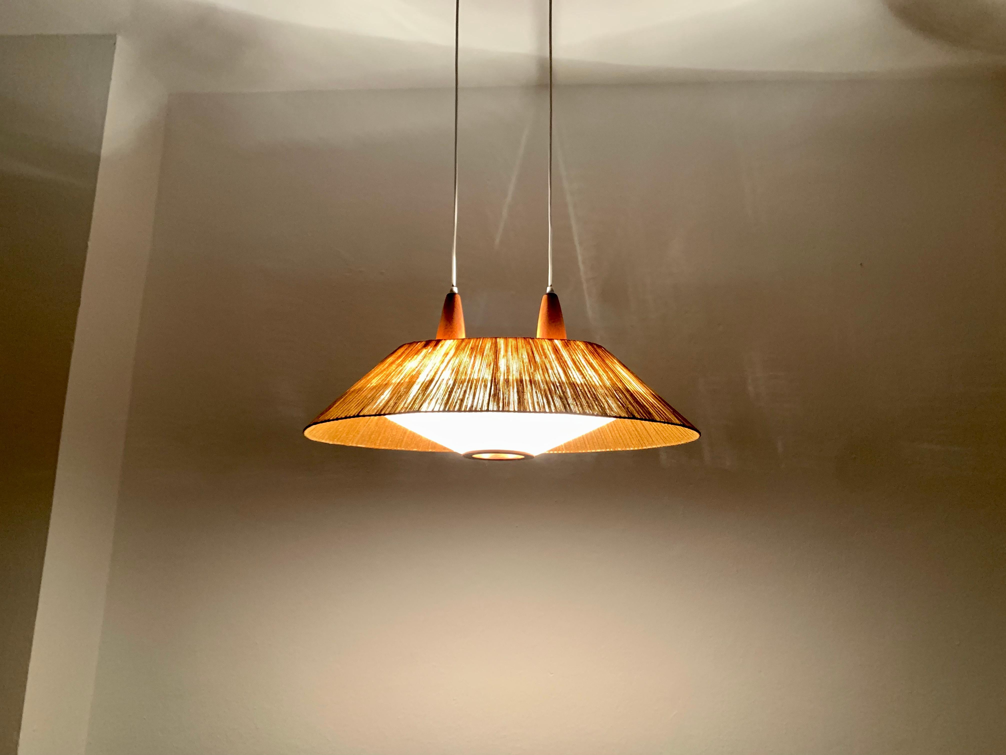 Mid-20th Century Large Raffia Bast and Teak Pendant Lamp from Temde For Sale