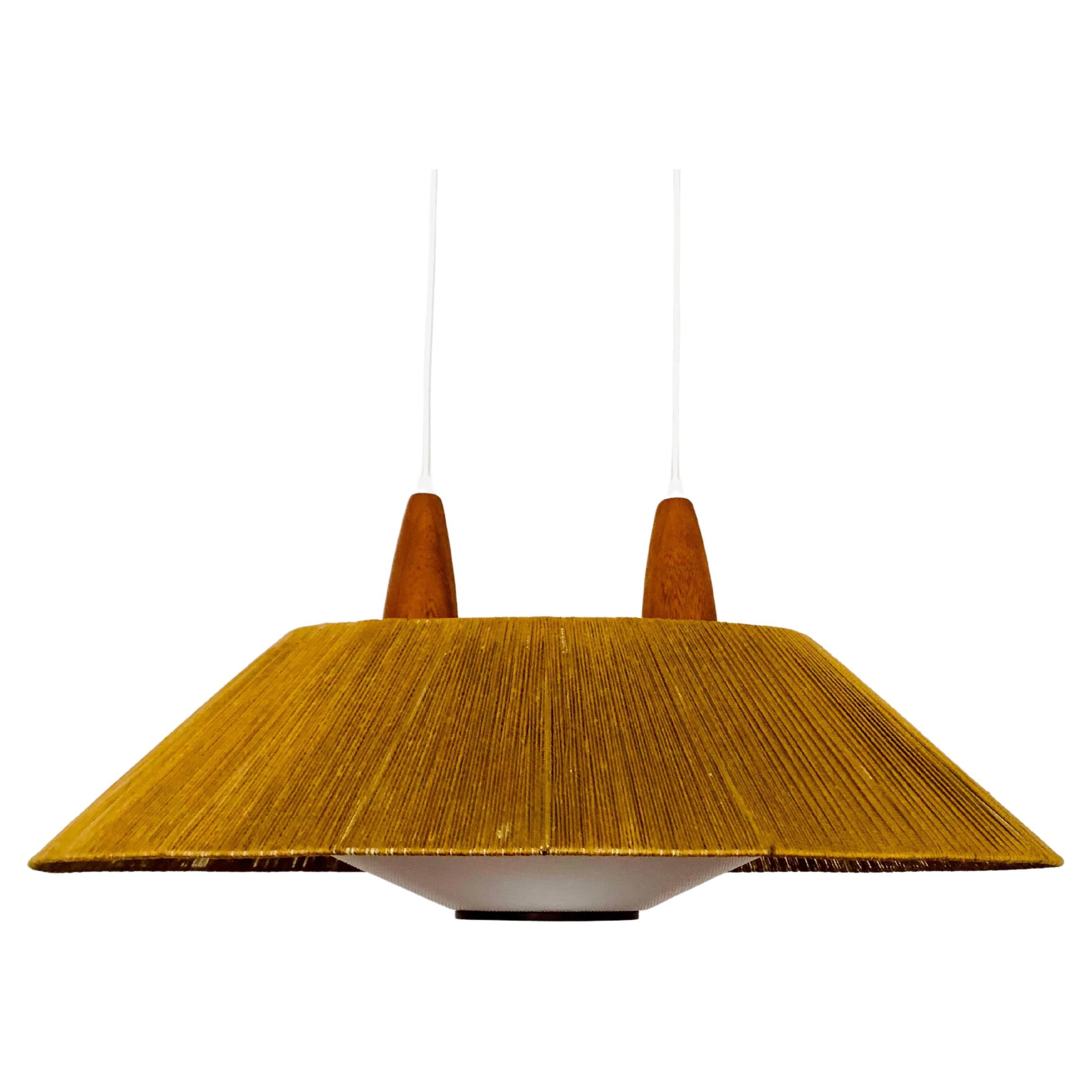 Large Raffia Bast and Teak Pendant Lamp from Temde