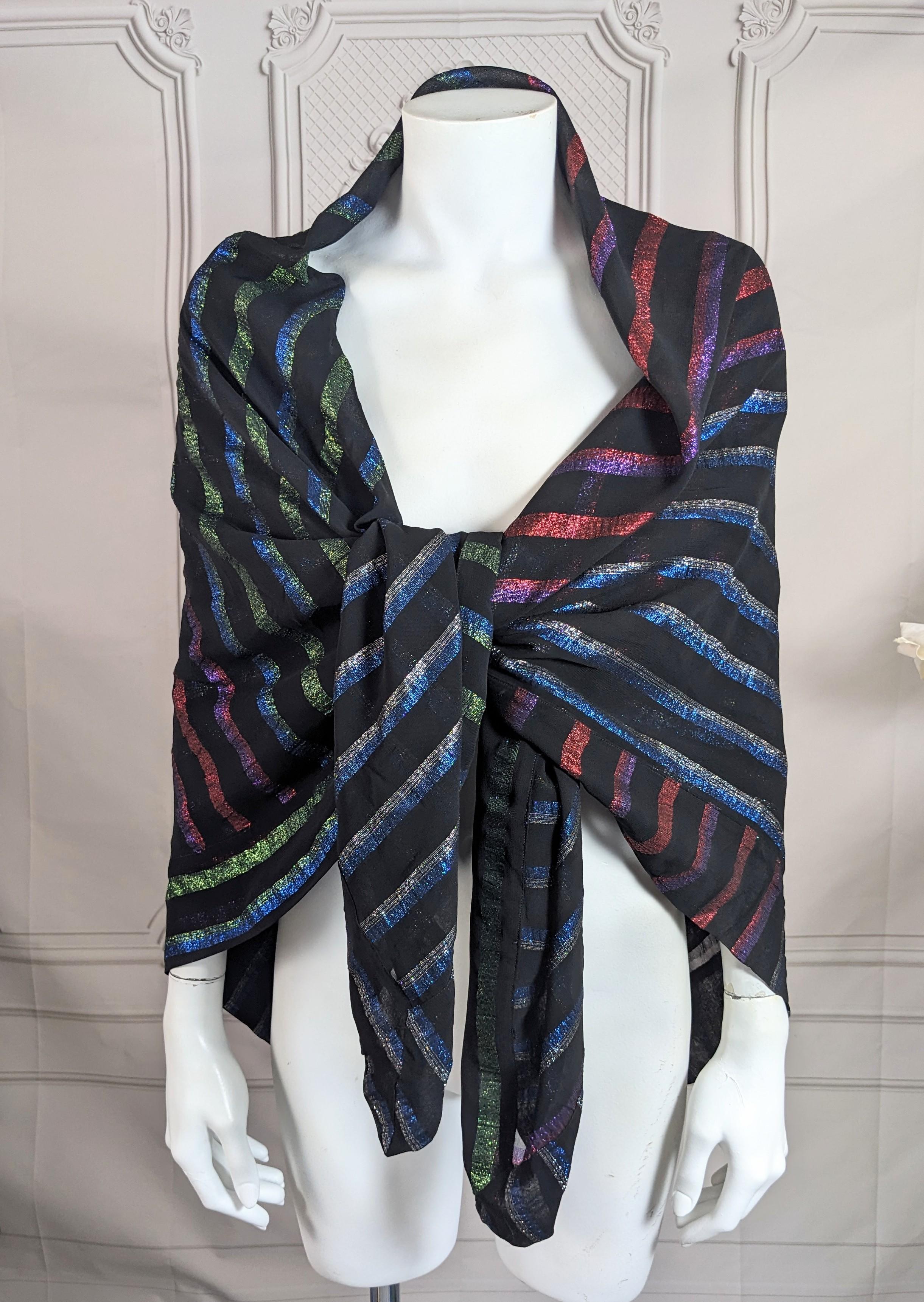 Large Rainbow Chiffon Lurex Shawl from the 1980's. Great versatile size for a sheer evening wrap or beach pareo. 1980's Italy. Retailed at Bloomingdales. Approx 48