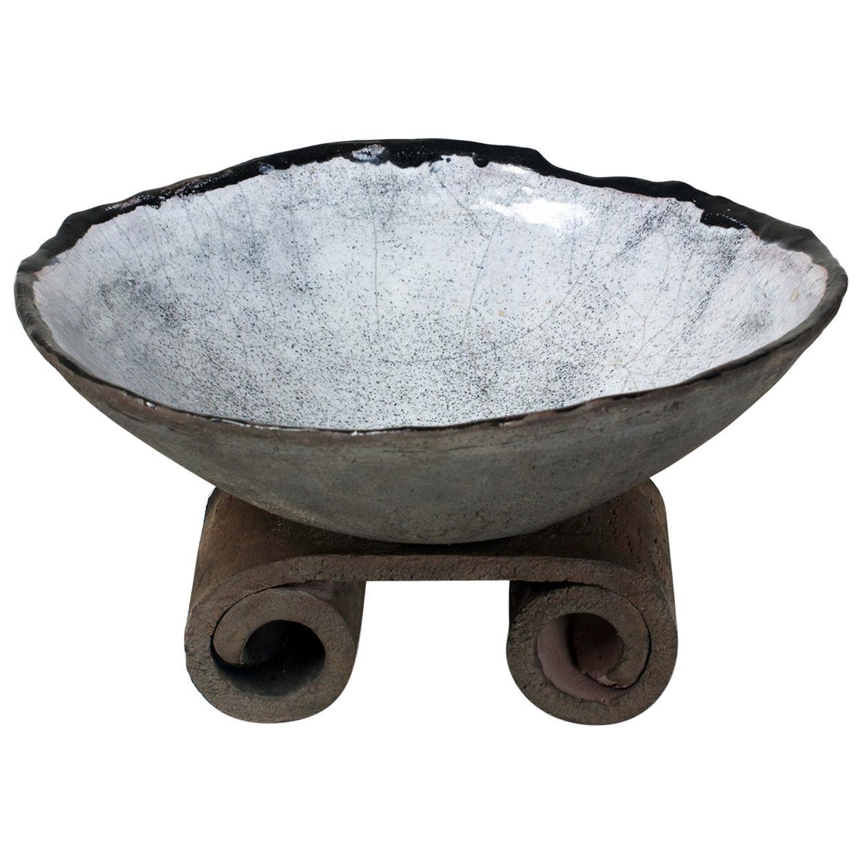 Large Raku Ceramic Bowl on Pedestal by Gisele Buthod-Garçon France 1980s