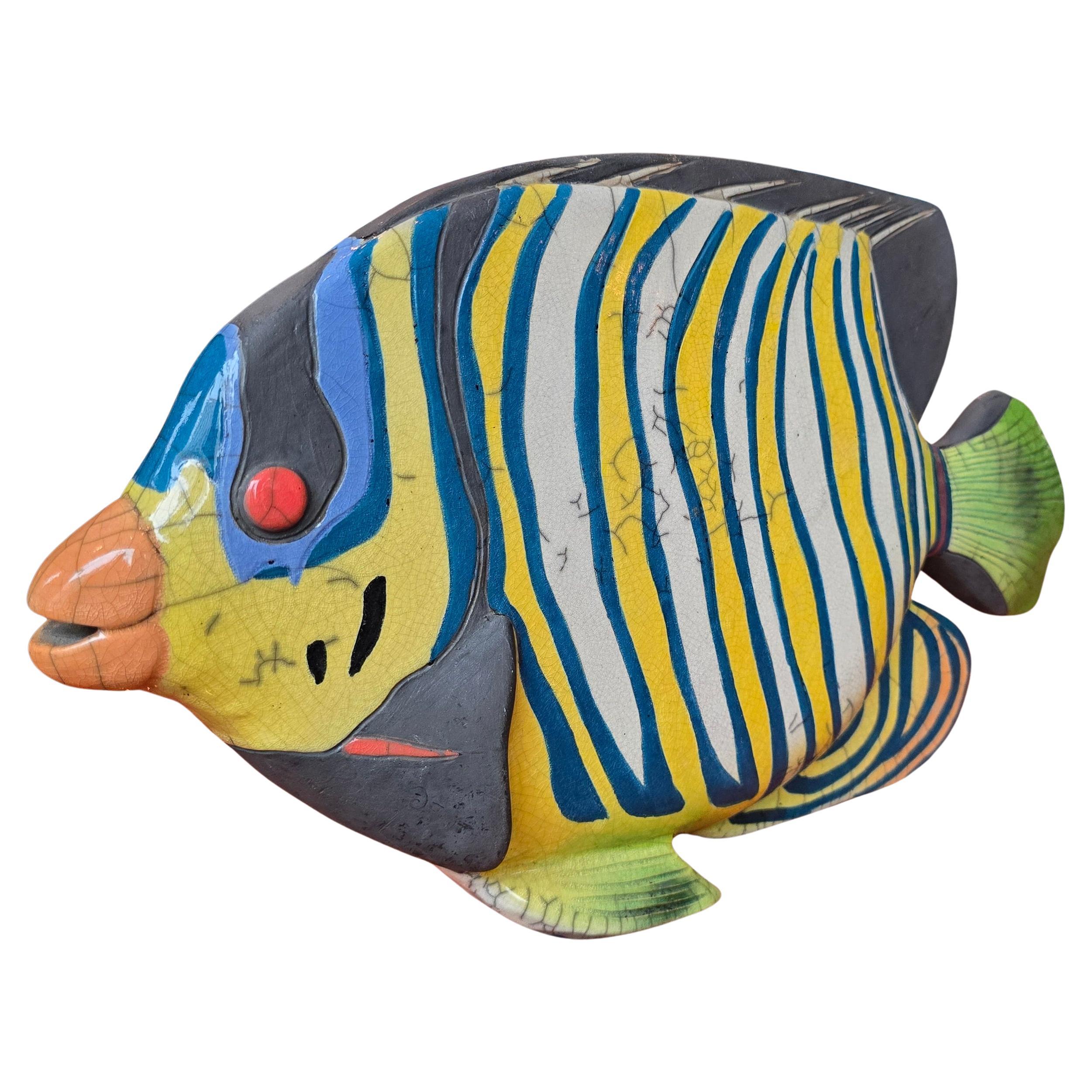 Dipinto a mano Grande scultura di pesce in ceramica Raku, Ceramica da Studio realizzata a mano, anni '80-2000 in vendita