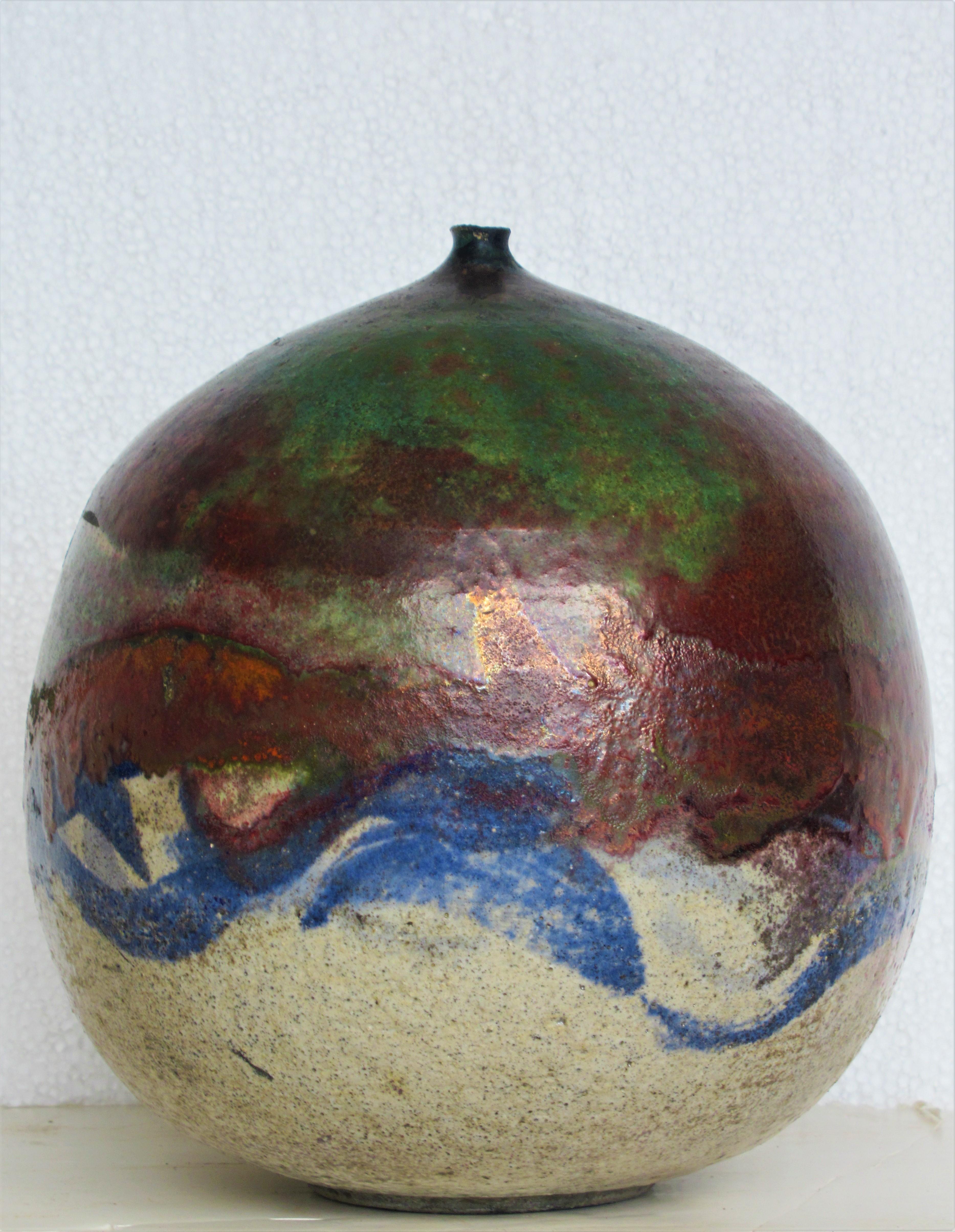 Large Fire Glazed Raku Pottery Weed Pot Vase by Nancy Jurs 2