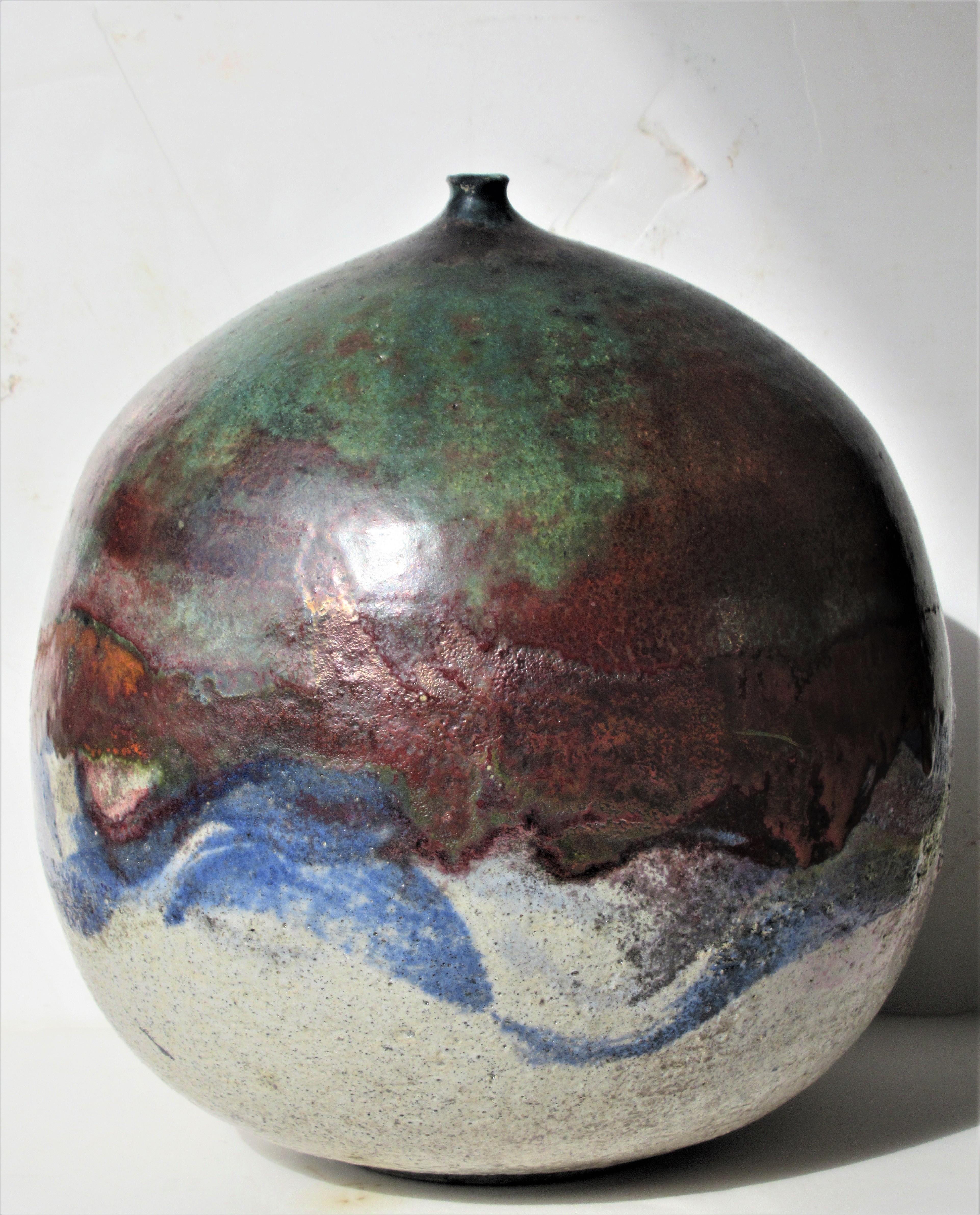 Large Fire Glazed Raku Pottery Weed Pot Vase by Nancy Jurs 10
