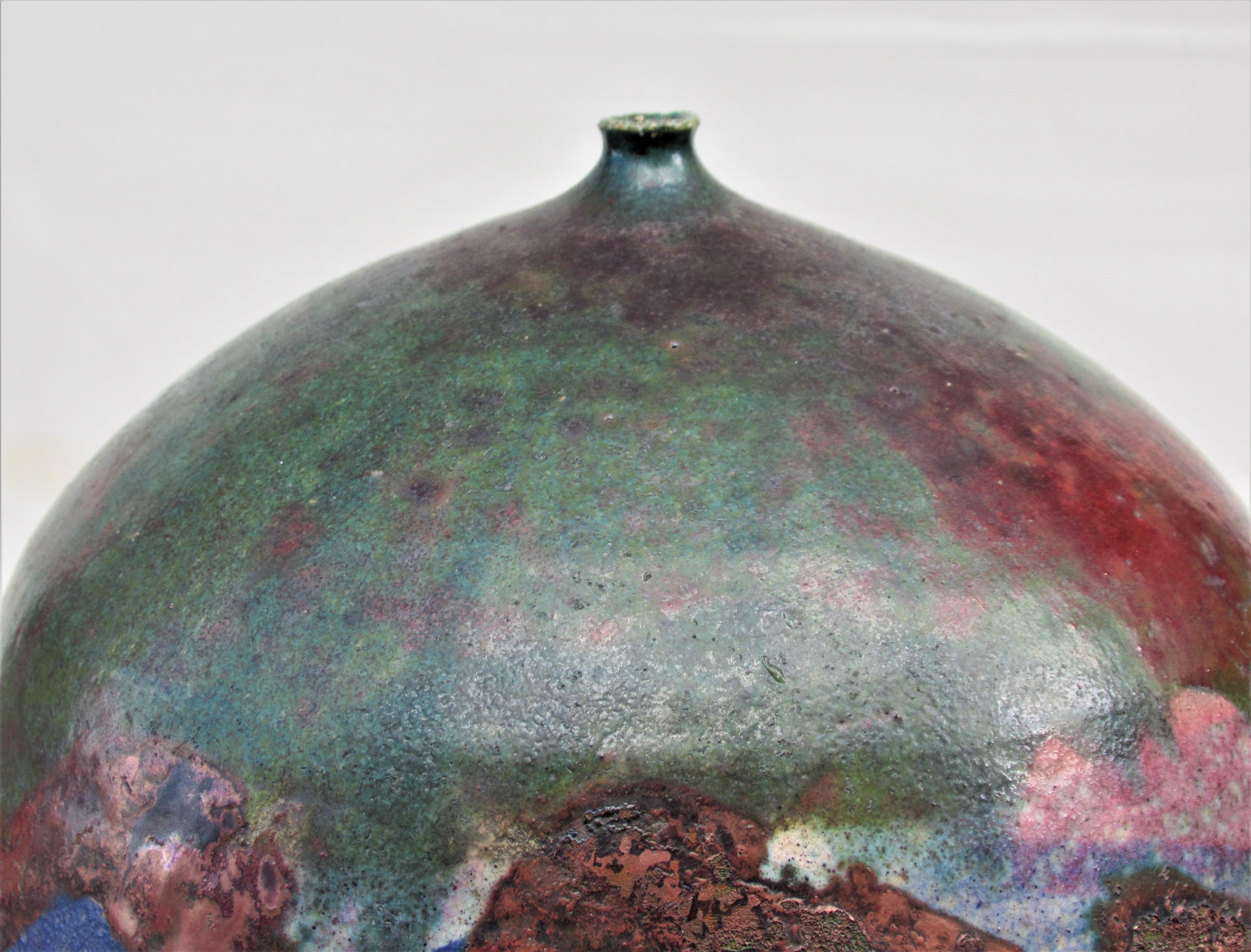 American Craftsman Large Fire Glazed Raku Pottery Weed Pot Vase by Nancy Jurs