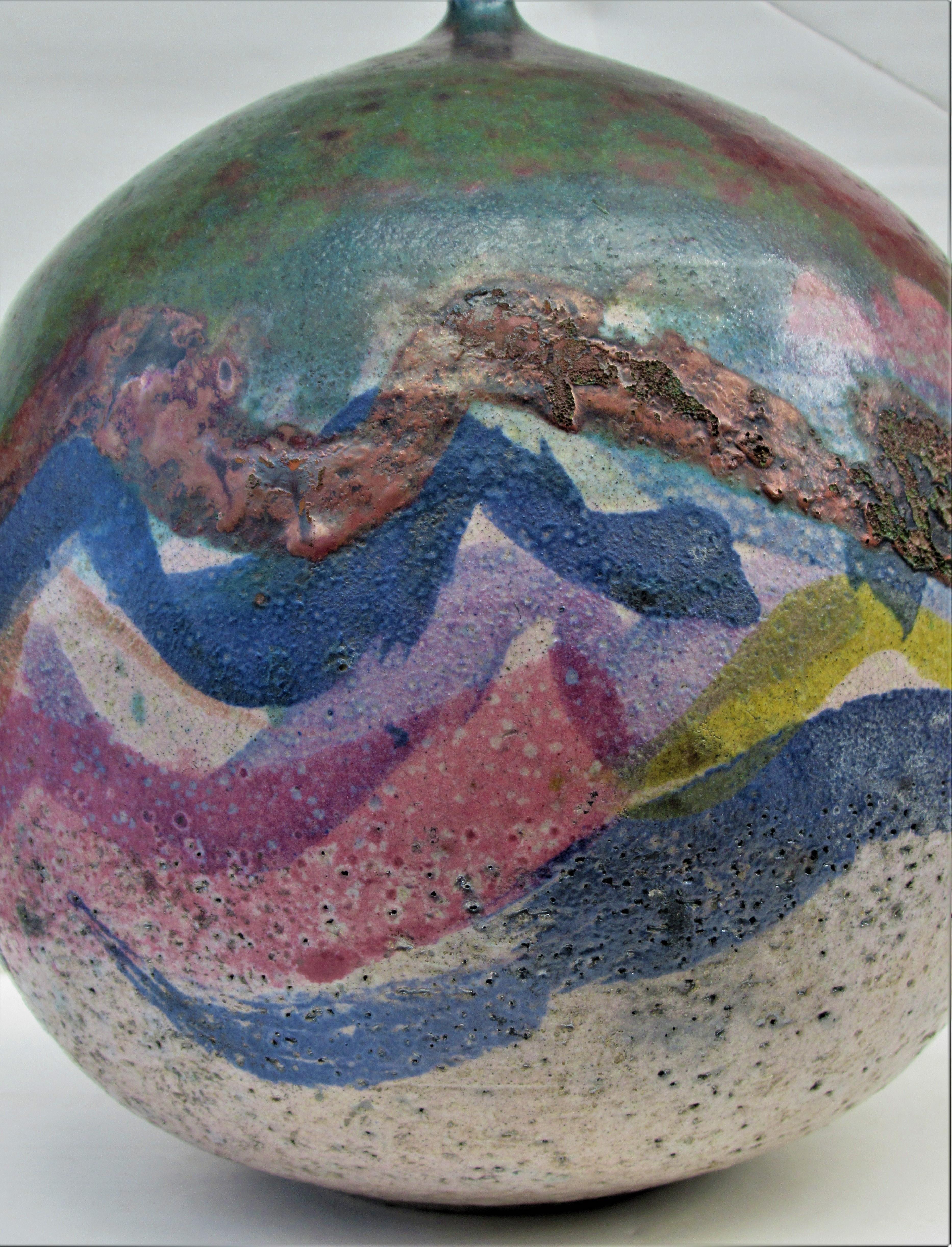 American Large Fire Glazed Raku Pottery Weed Pot Vase by Nancy Jurs