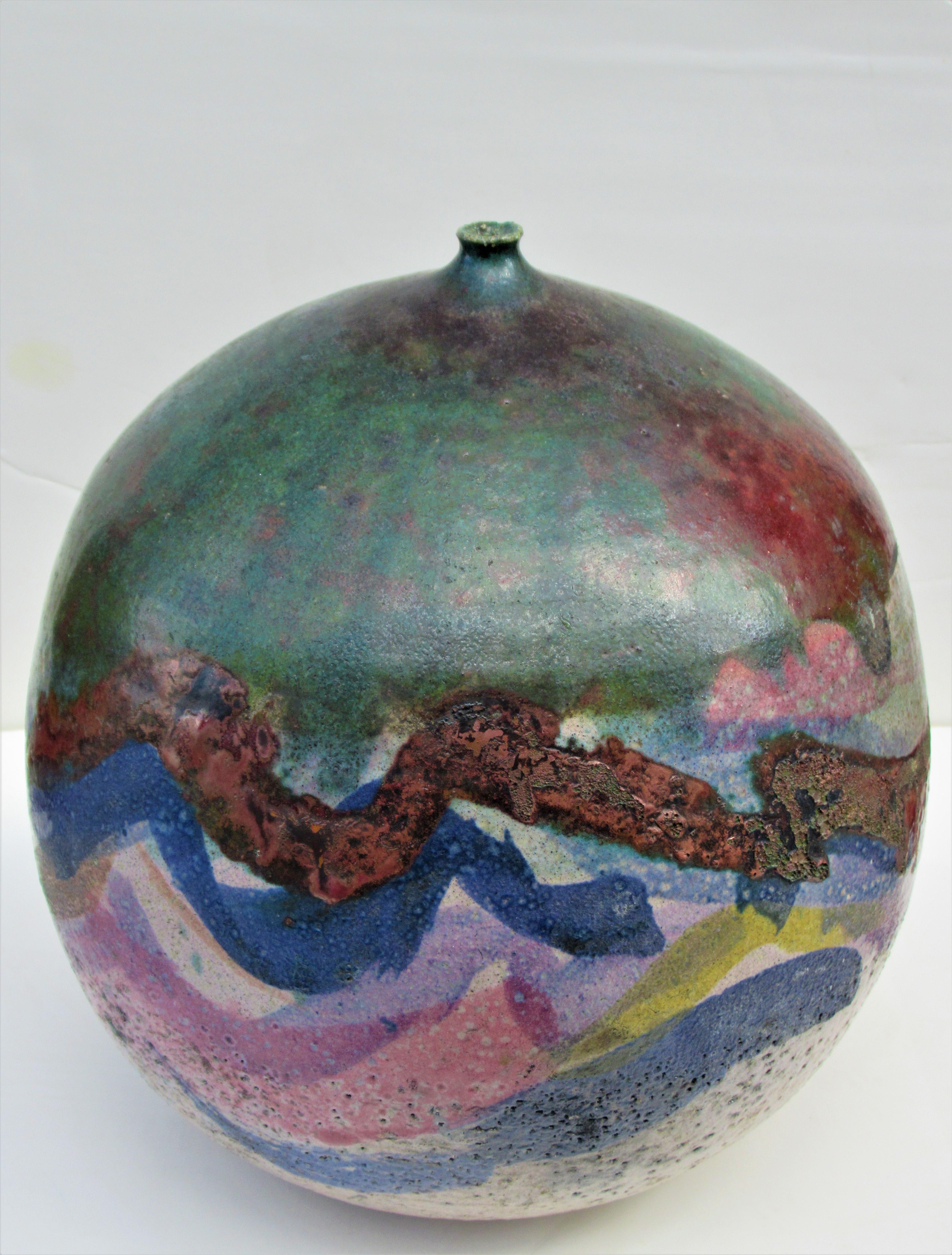 Fired Large Fire Glazed Raku Pottery Weed Pot Vase by Nancy Jurs