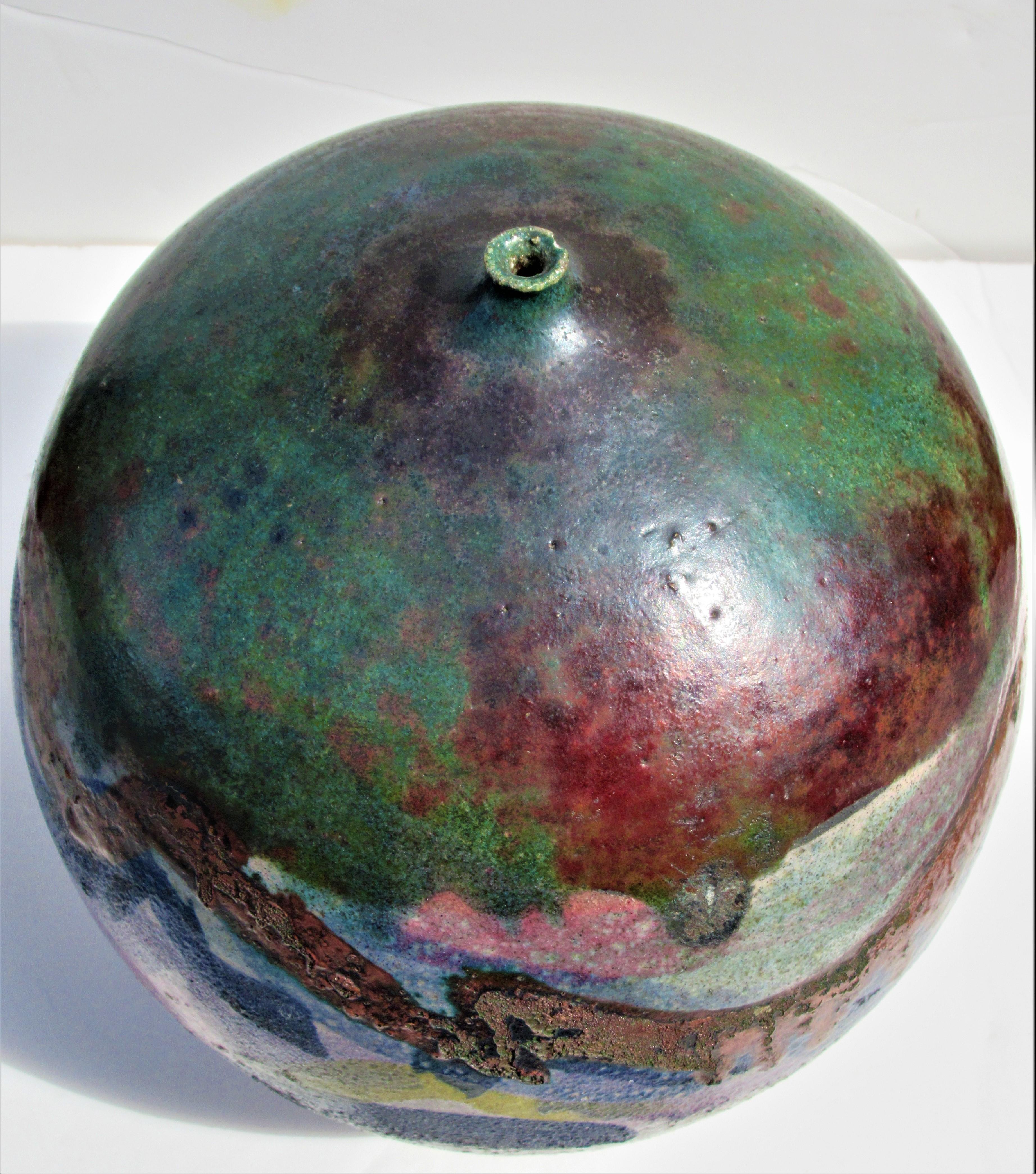Late 20th Century Large Fire Glazed Raku Pottery Weed Pot Vase by Nancy Jurs