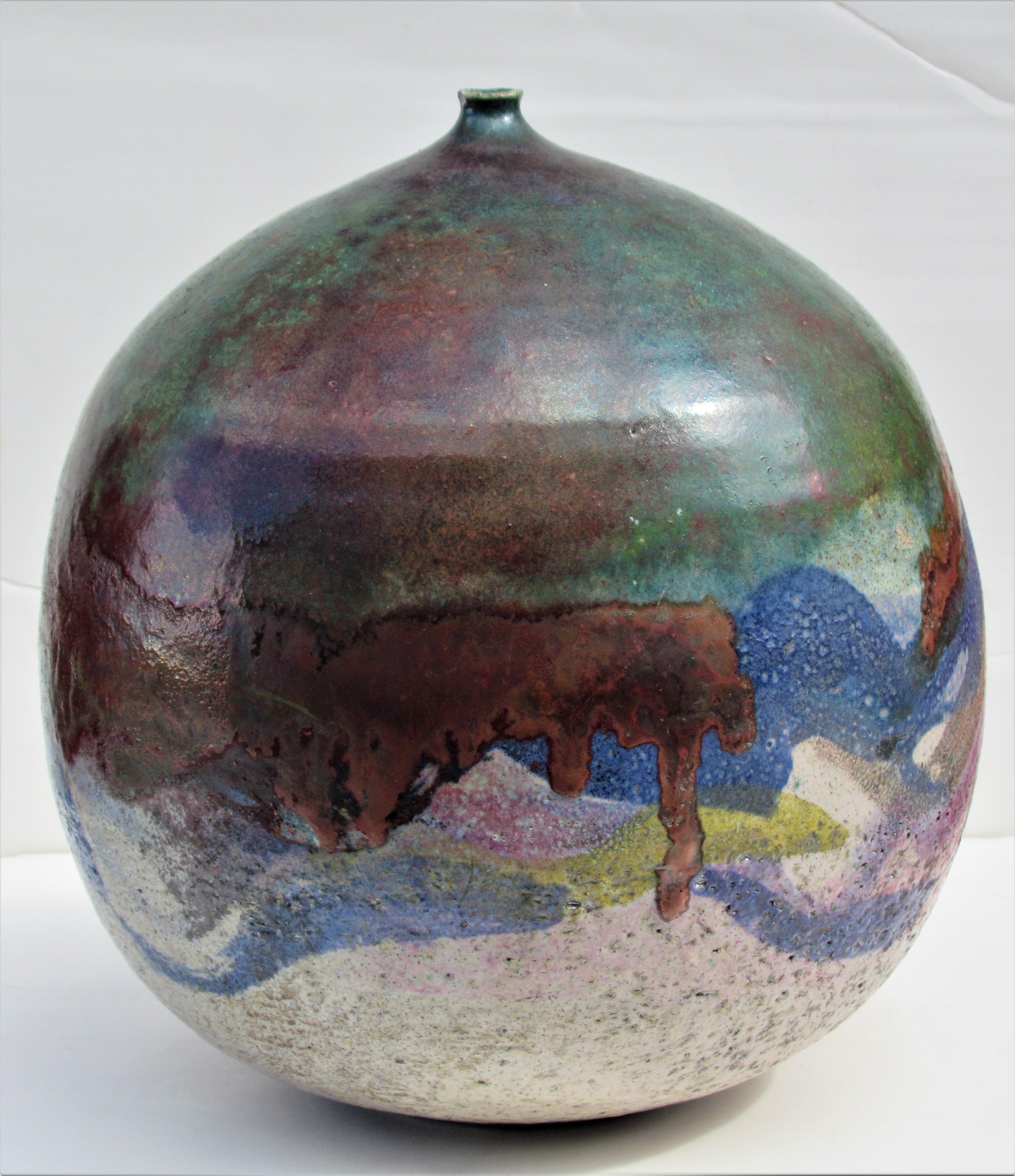 Large Fire Glazed Raku Pottery Weed Pot Vase by Nancy Jurs 1