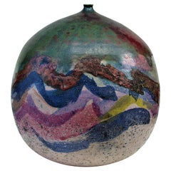 Large Fire Glazed Raku Pottery Weed Pot Vase by Nancy Jurs