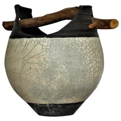 Large Raku Fired Twig Handled Vessel