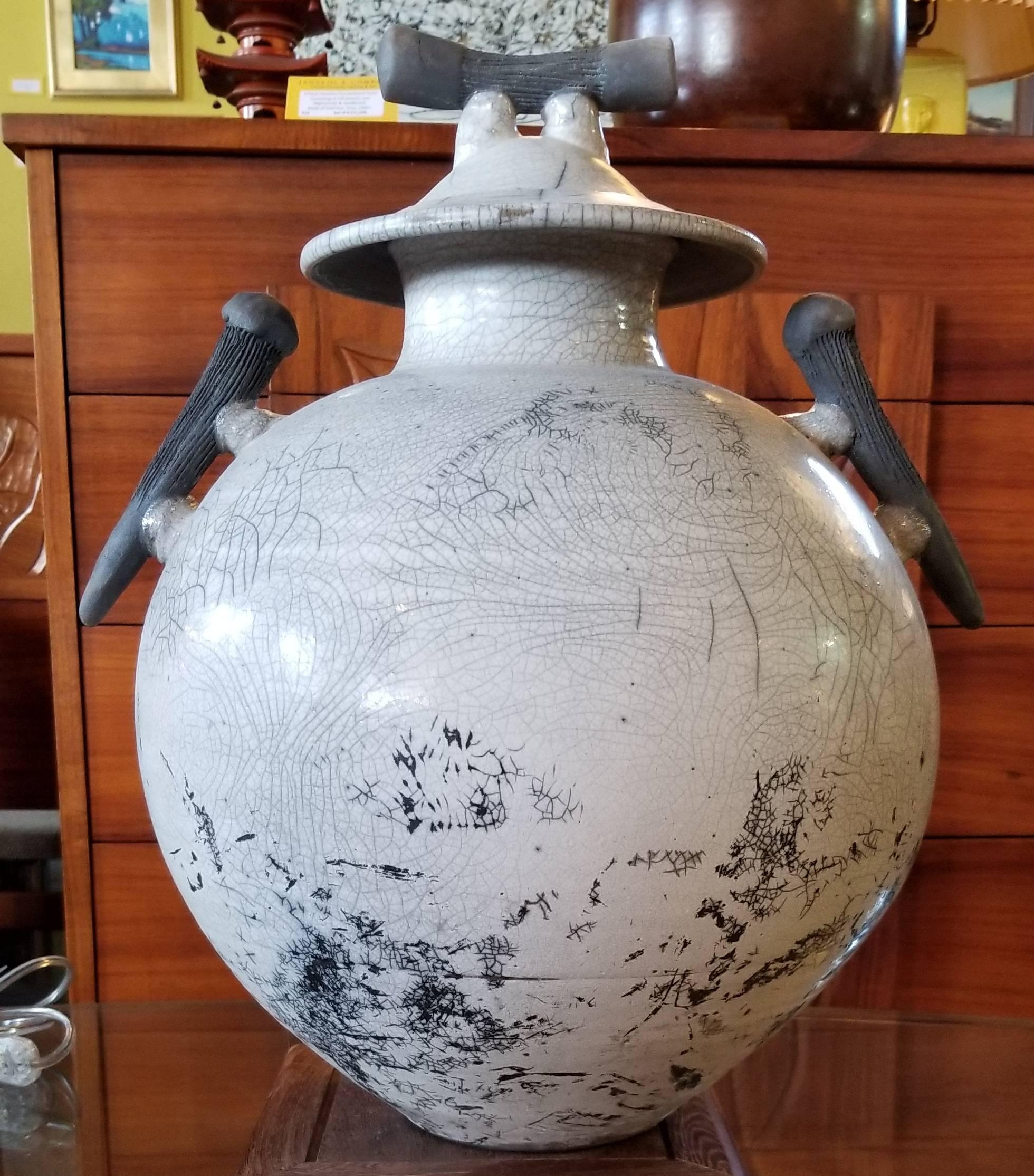 Large Raku Lidded Jar with Striking Crackle Glaze For Sale 5