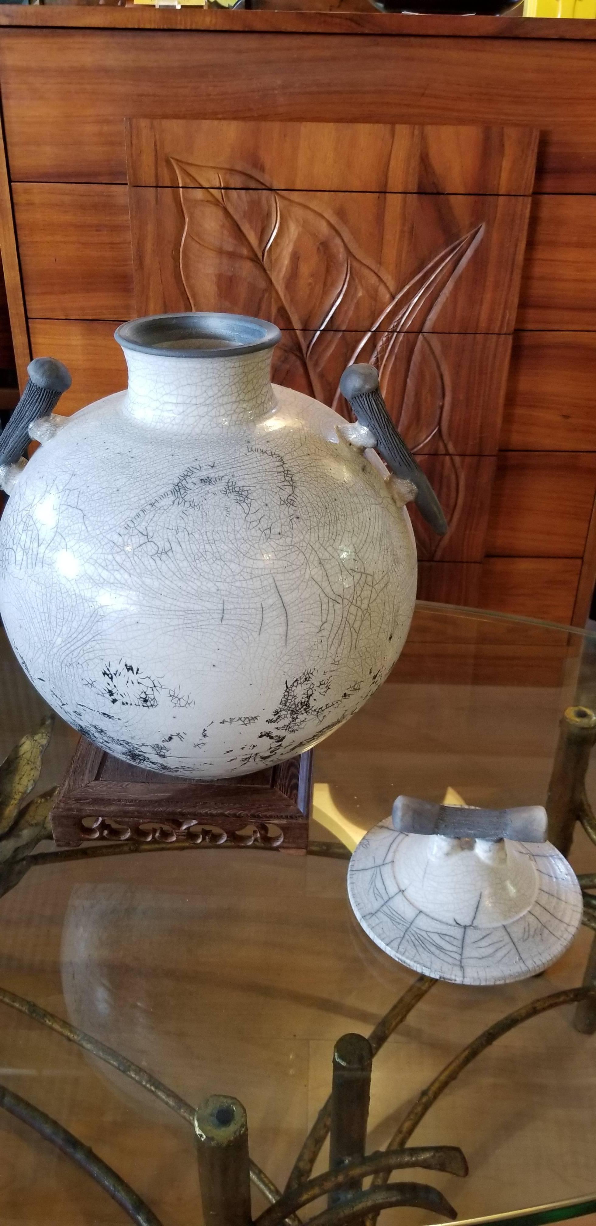 American Large Raku Lidded Jar with Striking Crackle Glaze For Sale