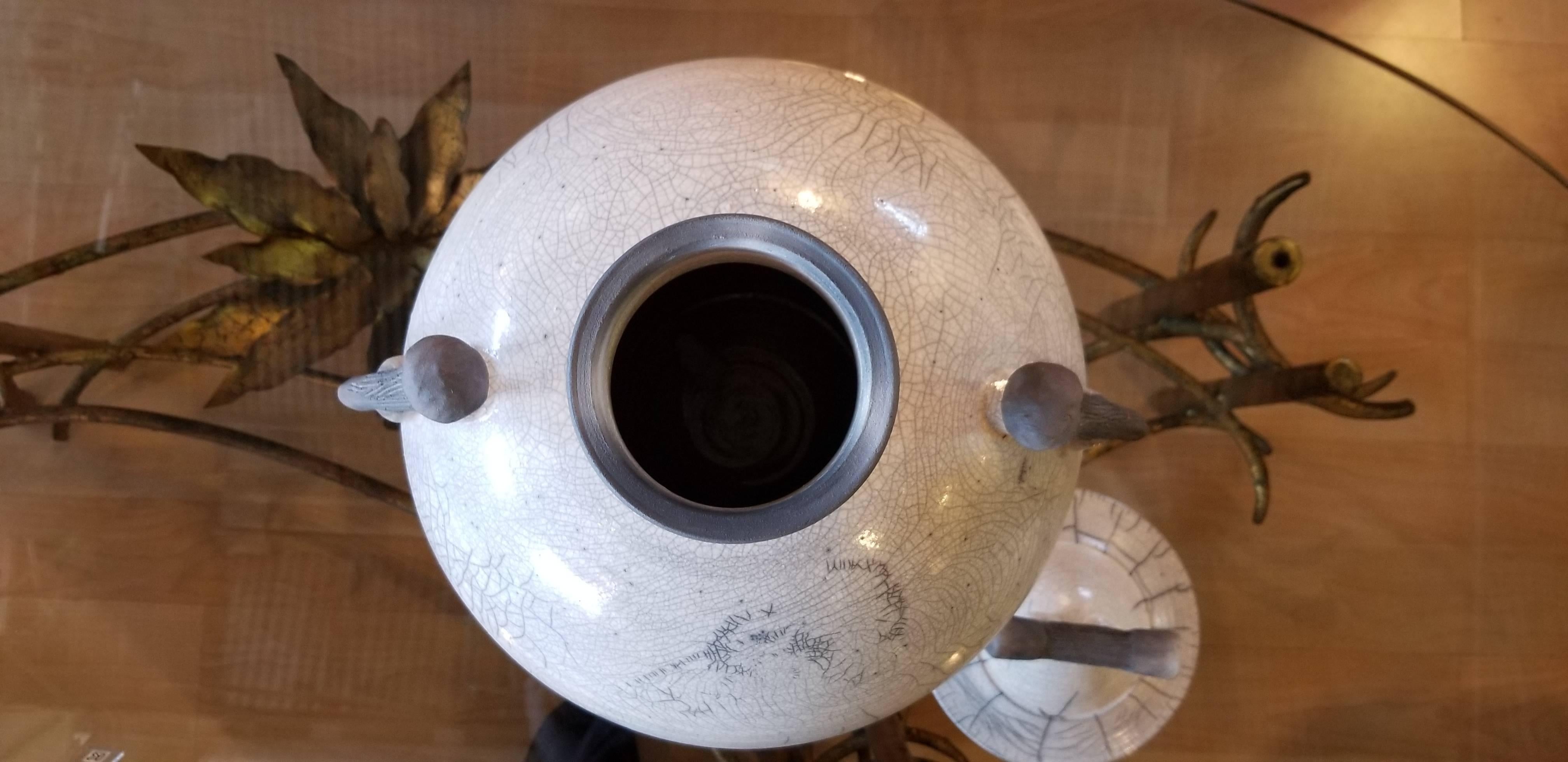 Large Raku Lidded Jar with Striking Crackle Glaze In Excellent Condition For Sale In Fulton, CA