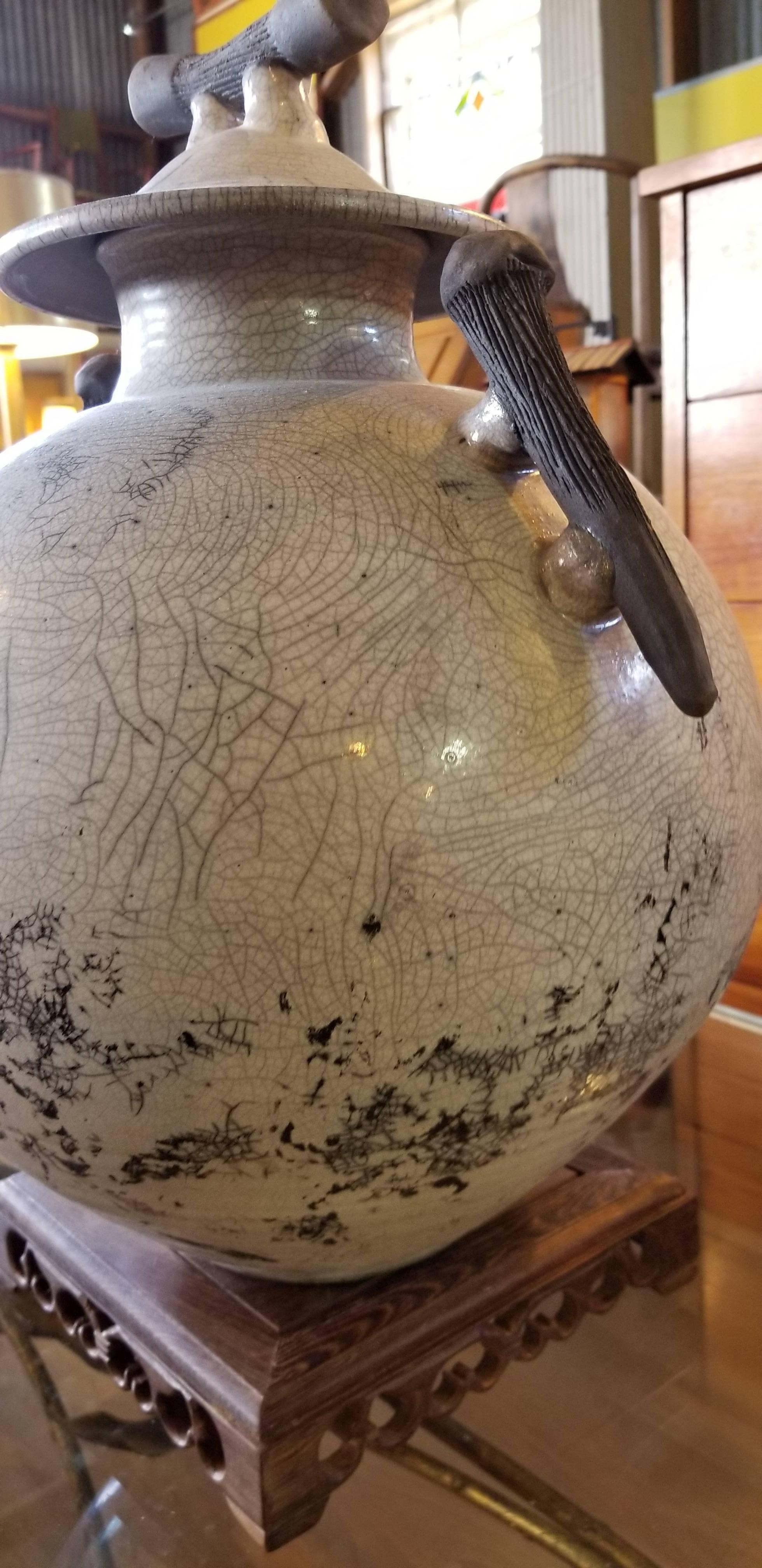 20th Century Large Raku Lidded Jar with Striking Crackle Glaze For Sale