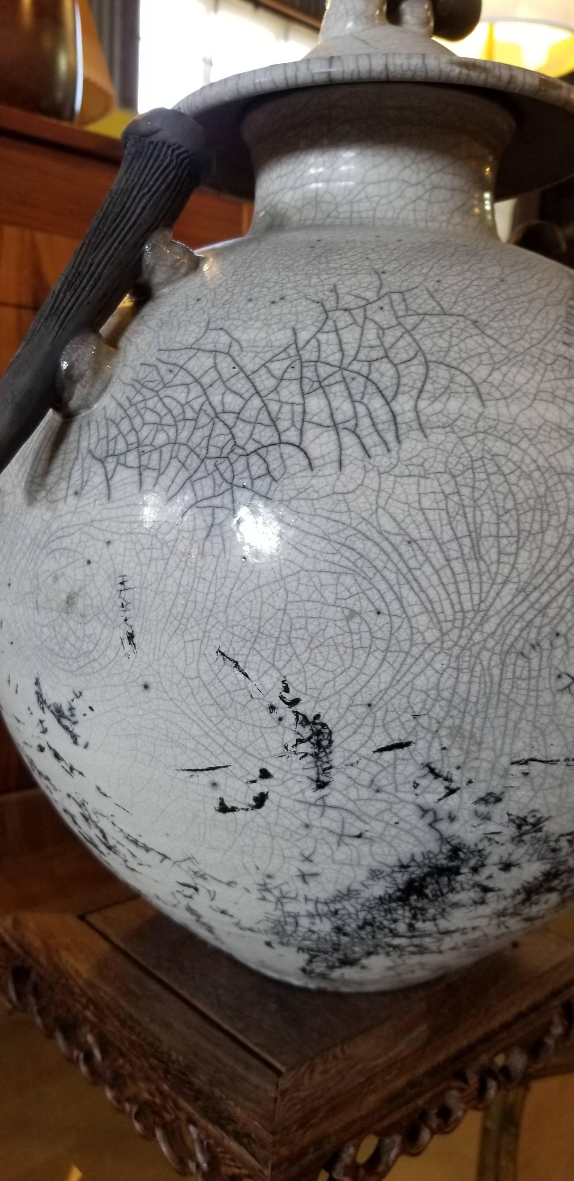 Ceramic Large Raku Lidded Jar with Striking Crackle Glaze For Sale