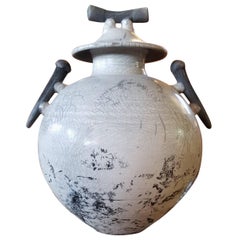 Large Raku Lidded Jar with Striking Crackle Glaze