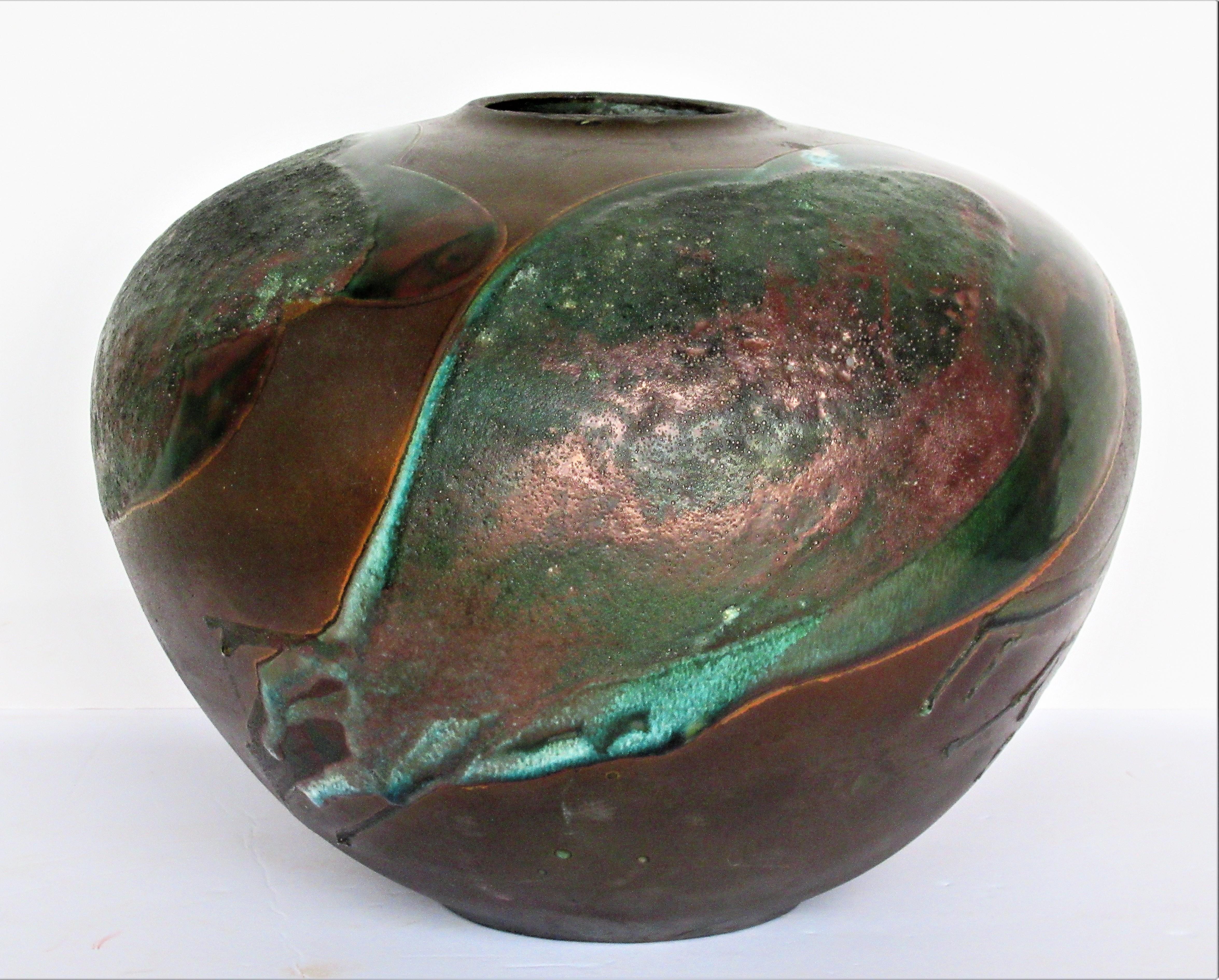 Big bulbous form polychrome glazed raku fired pottery vase with beautifully oxidized copper / verdigris textured surface. Signed on underside - Evans Raku 100.  Look at all pictures and read condition report in comment section.