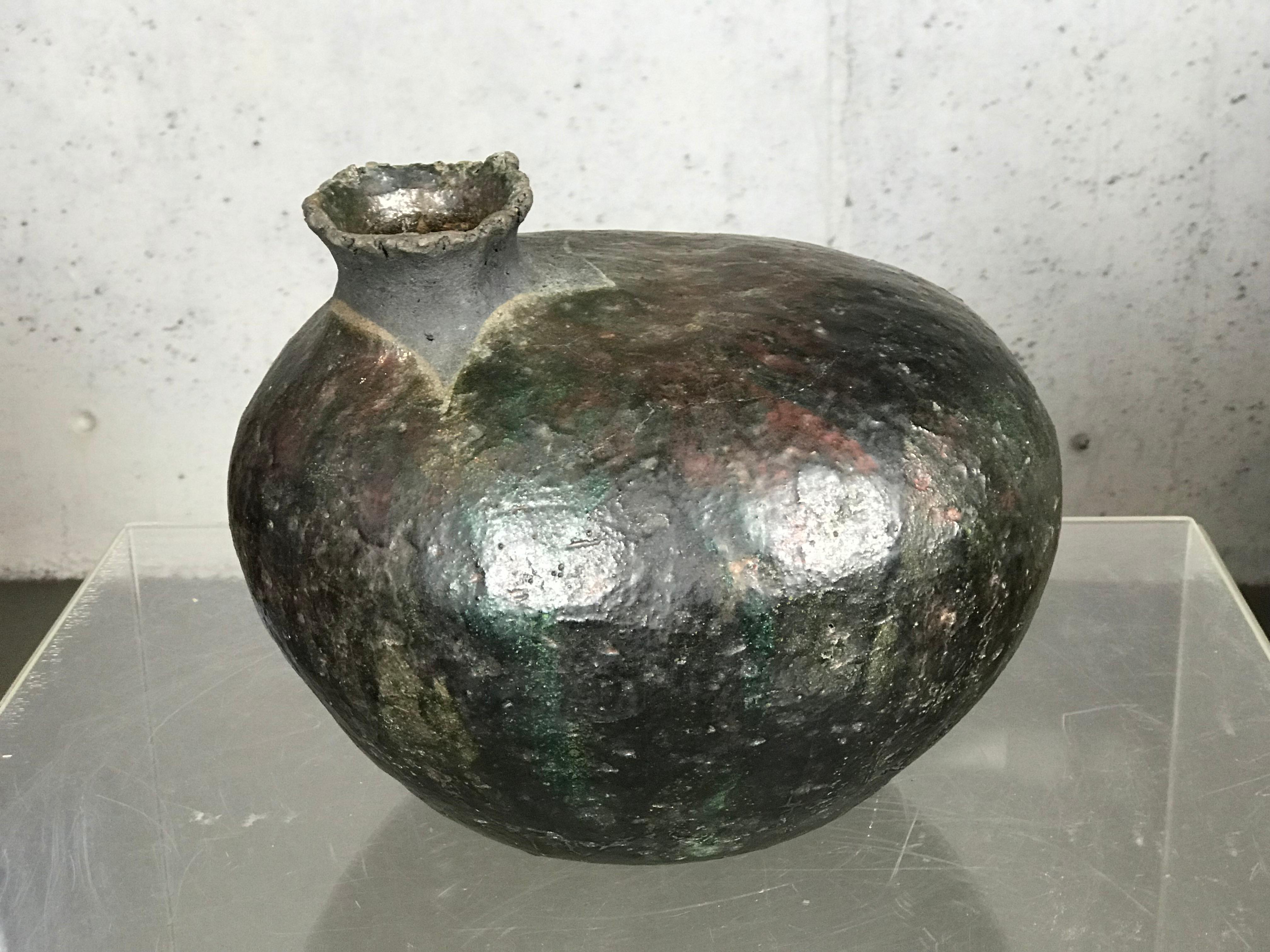 Mid-Century Modern Large Raku Pottery Vase Pot by Listed Artist Charles 'Charlie' Brown