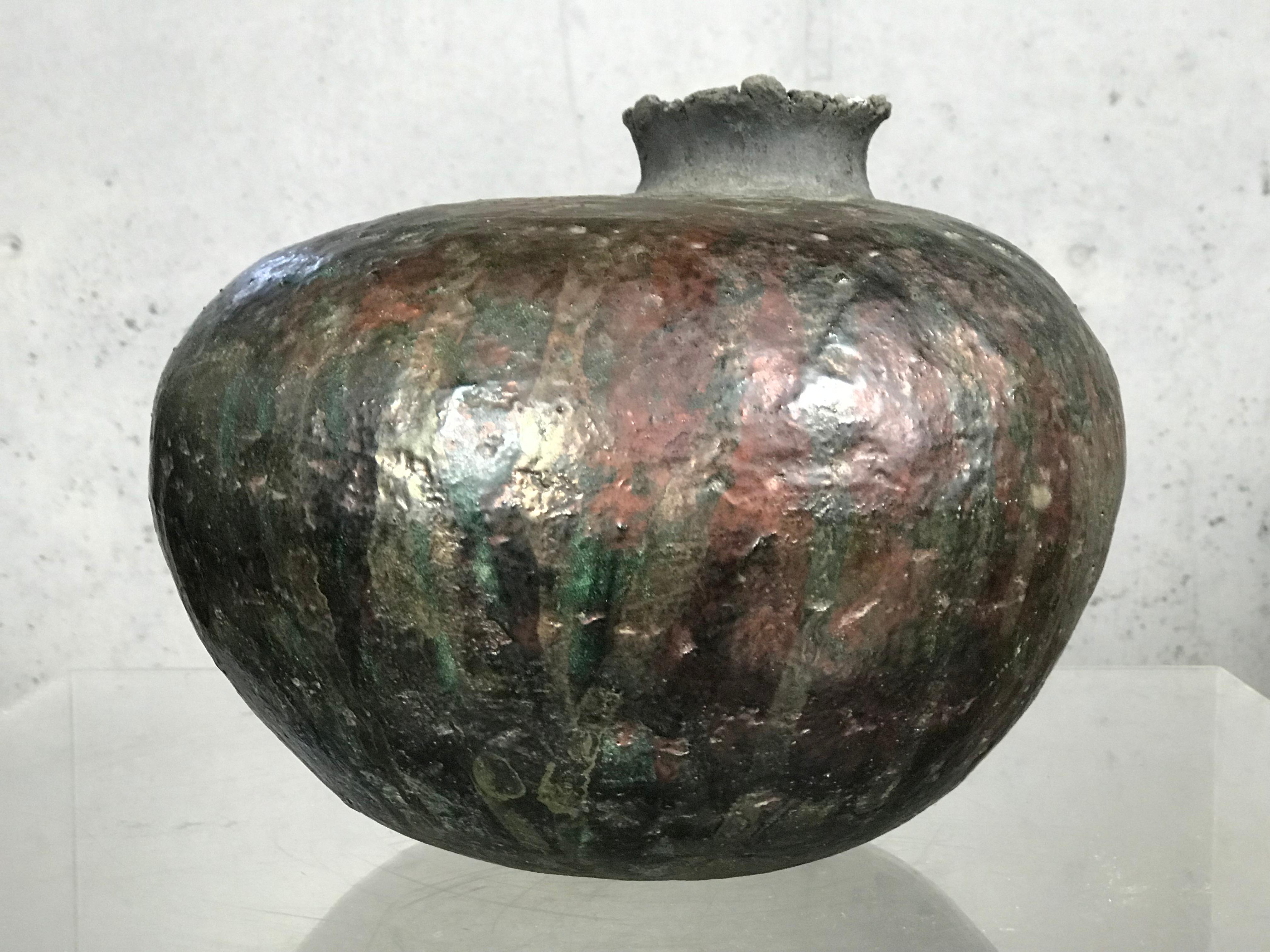 Late 20th Century Large Raku Pottery Vase Pot by Listed Artist Charles 'Charlie' Brown