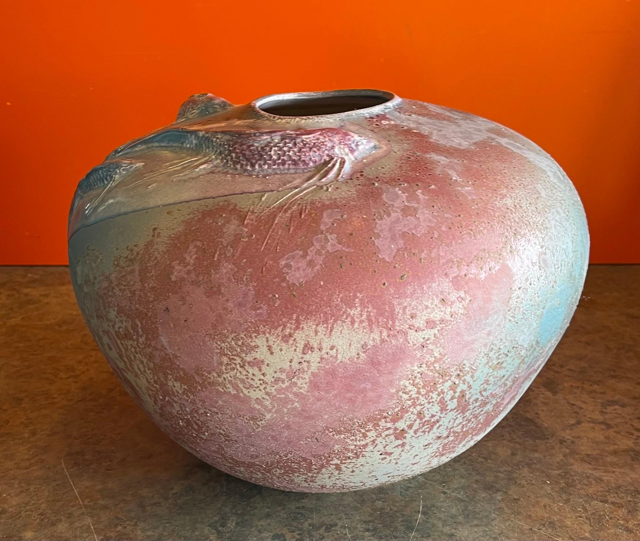 Mid-Century Modern Large Raku Pottery Vase / Pot with Koi Fish by Tony Evans For Sale