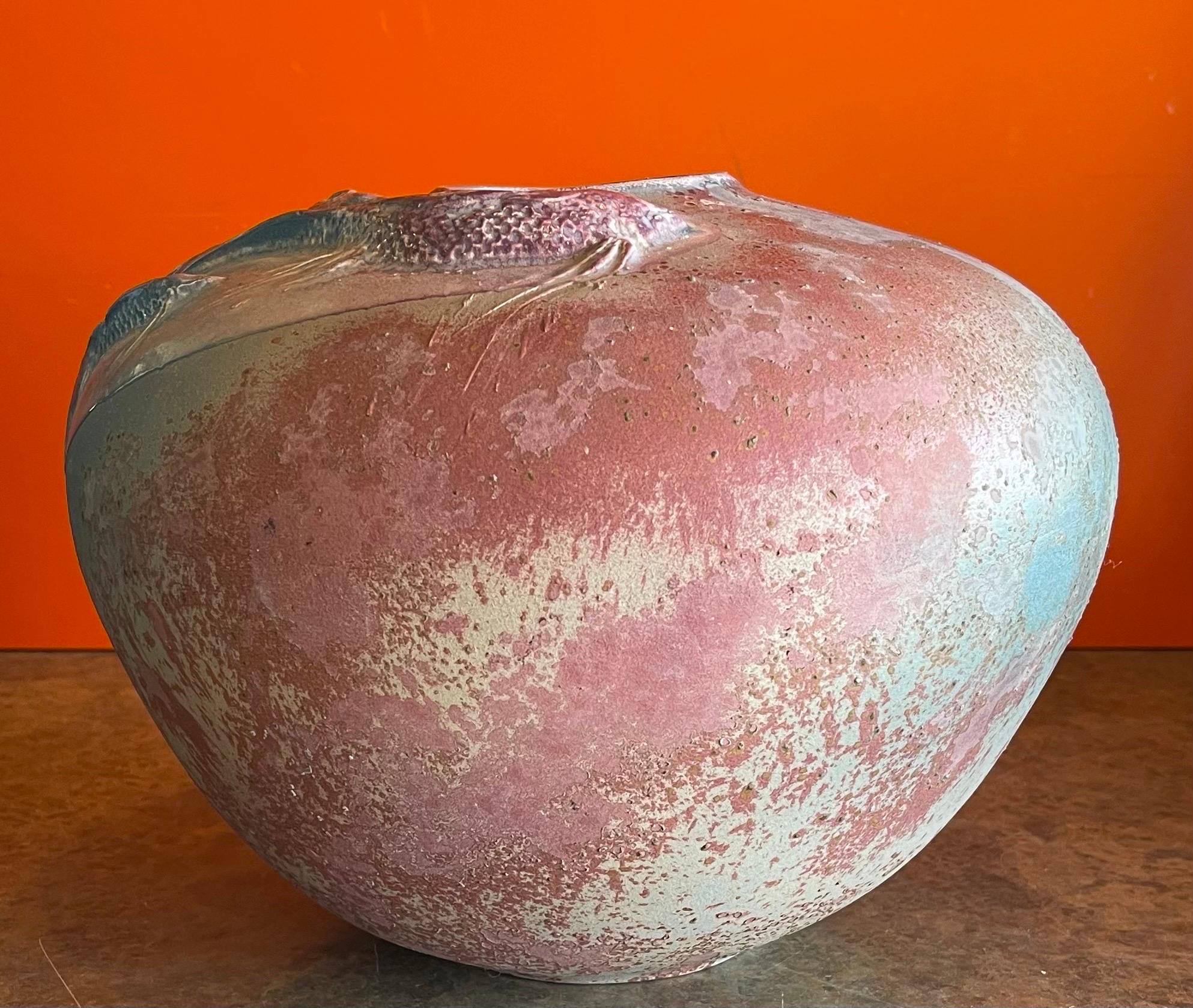 Glazed Large Raku Pottery Vase / Pot with Koi Fish by Tony Evans For Sale