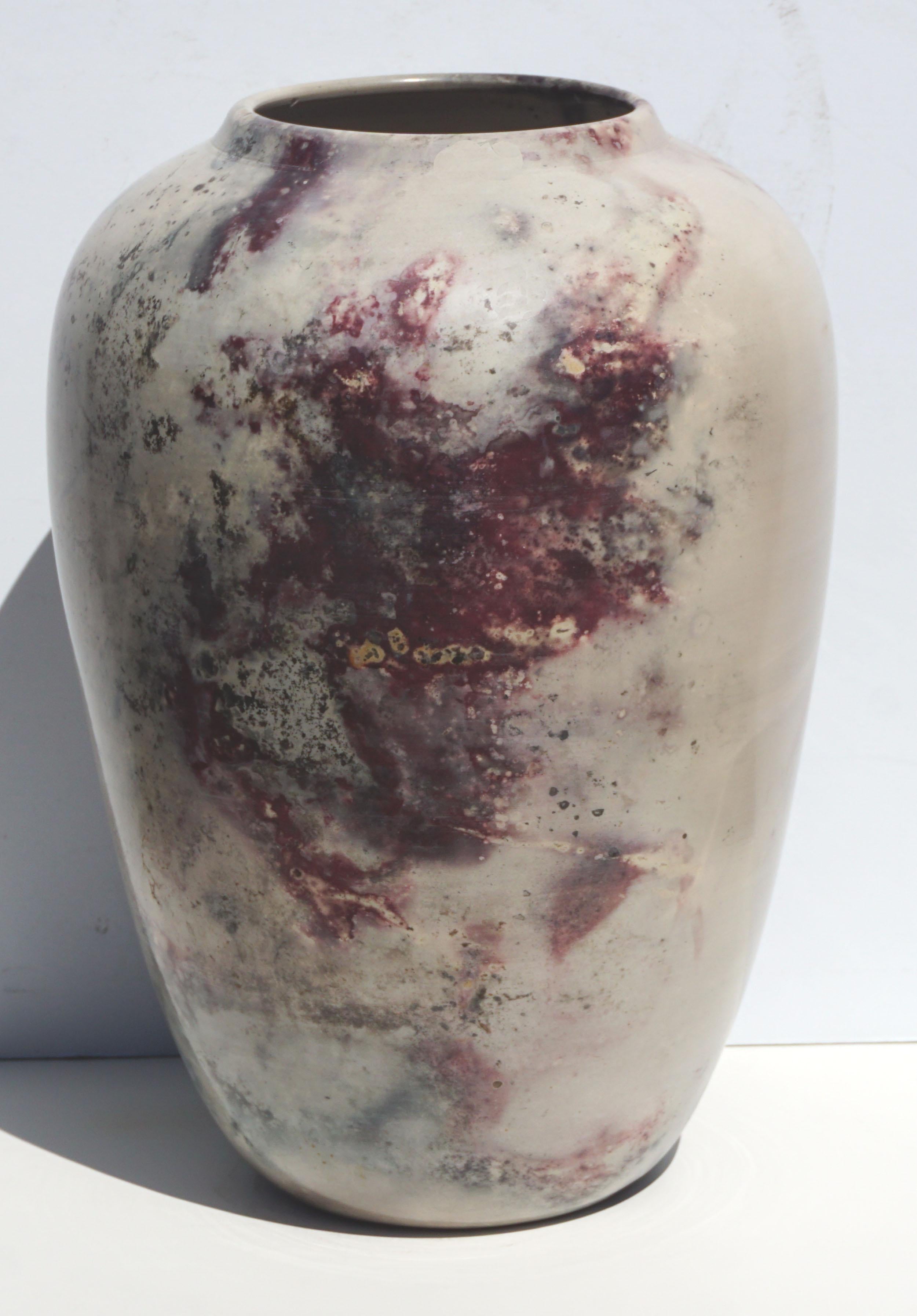 Dramatic raku style ceramic vase by Northern California ceramic artist Joel Magen (American, 1940-2016), 1992. Creams, light grays and burgundy with large dramatic slash of black create an organic and Asian aesthetic. Signed and dated on bottom.