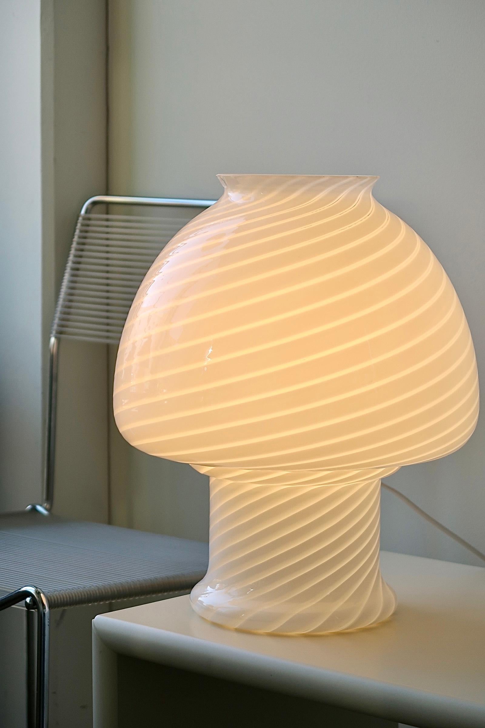 Murano Glass Large Rare 1970s Vintage Italian Murano White Swirl Mushroom Lamp