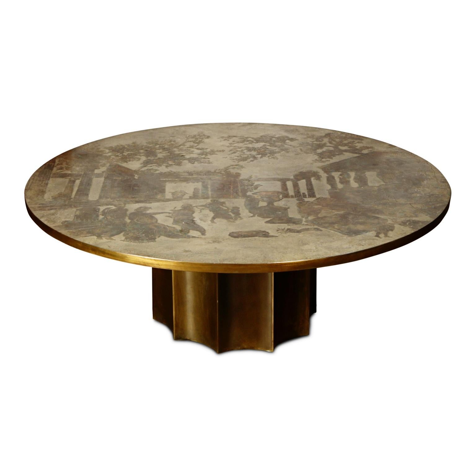 This is a rare and large 47.25 inch Odyssey cocktail table by father and son team, Philip and Kelvin LaVerne, produced in the 1960s. Ingeniously designed with acid etching and patinated polychrome bronze and pewter, this circular coffee table