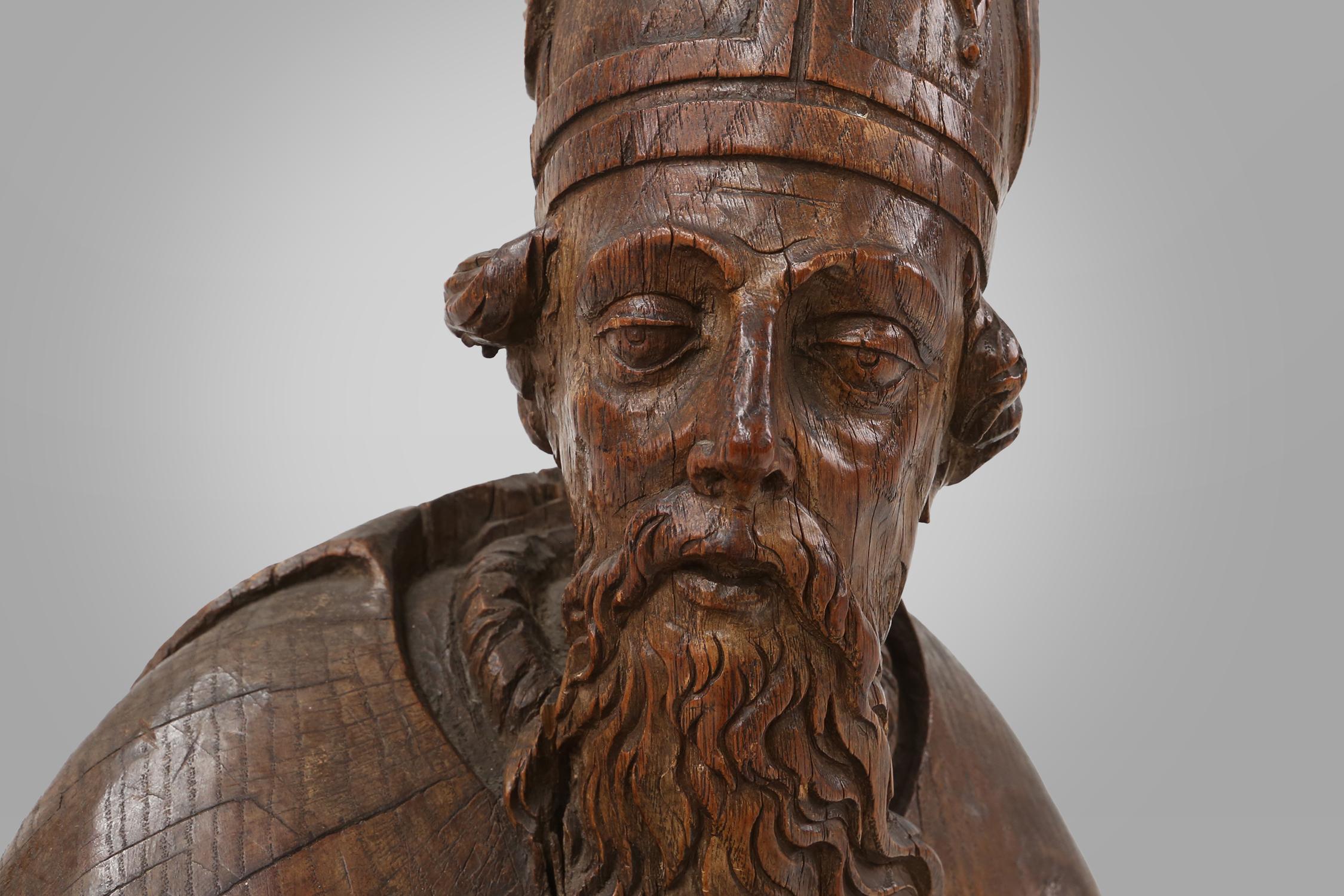 Large rare antique statue of Saint Eligius, France ca. 1550 In Fair Condition For Sale In Meulebeke, BE