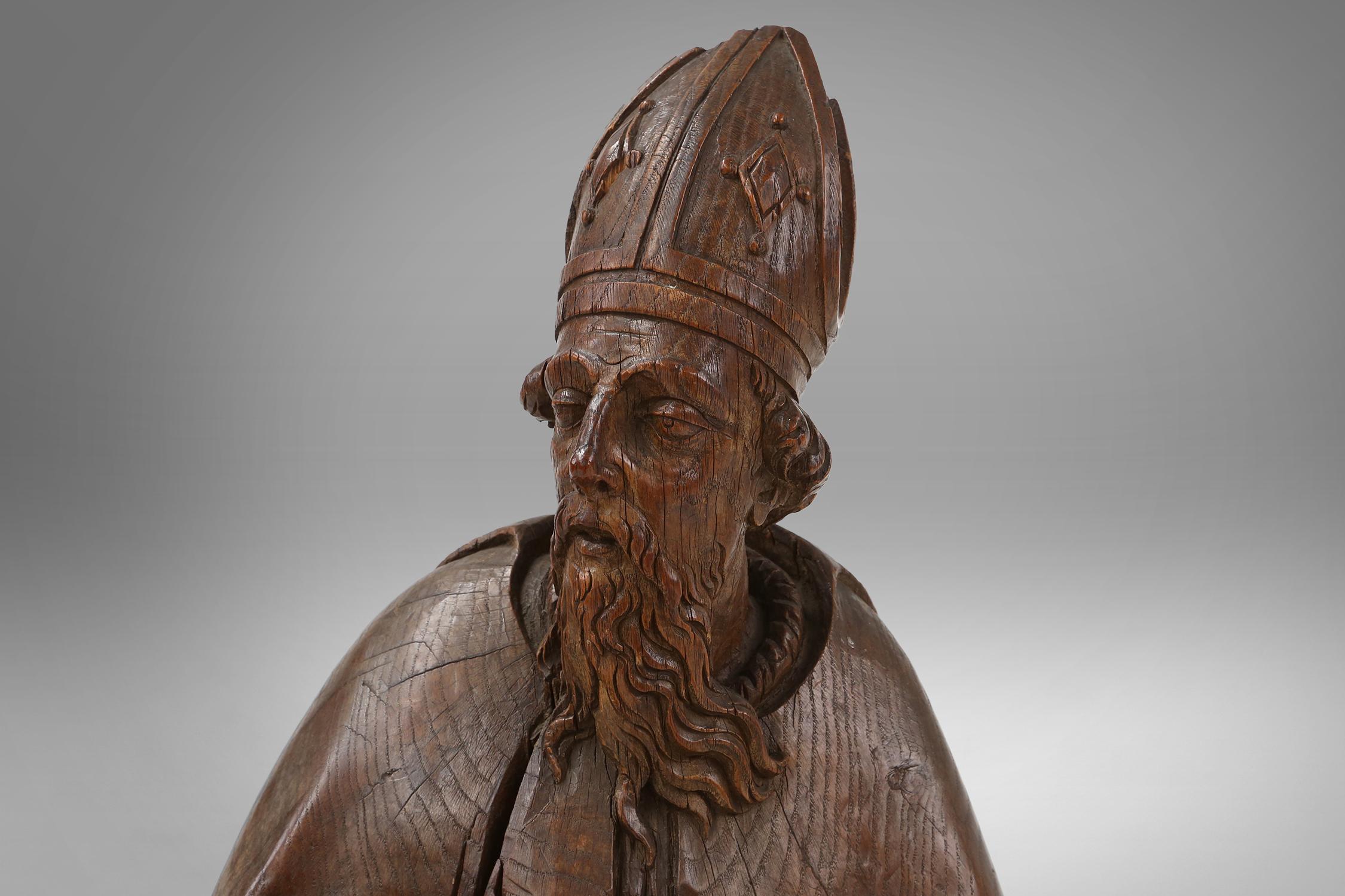 Wood Large rare antique statue of Saint Eligius, France ca. 1550 For Sale