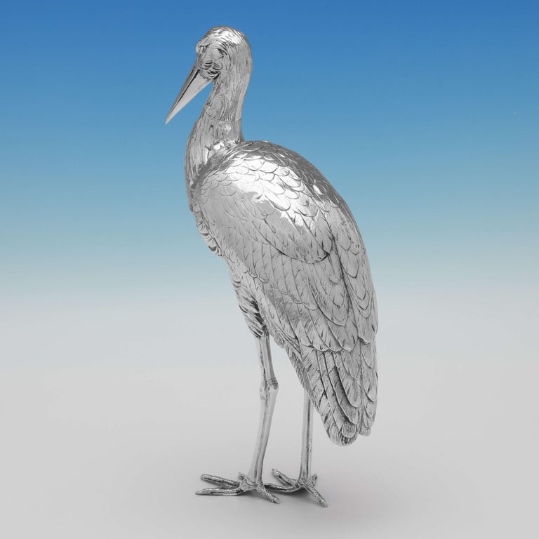 Carrying import marks for London in 1906 by John George Piddington, this striking, Edwardian, antique sterling silver model of a stork, is realistically modelled, and large in size. The stork measures 12