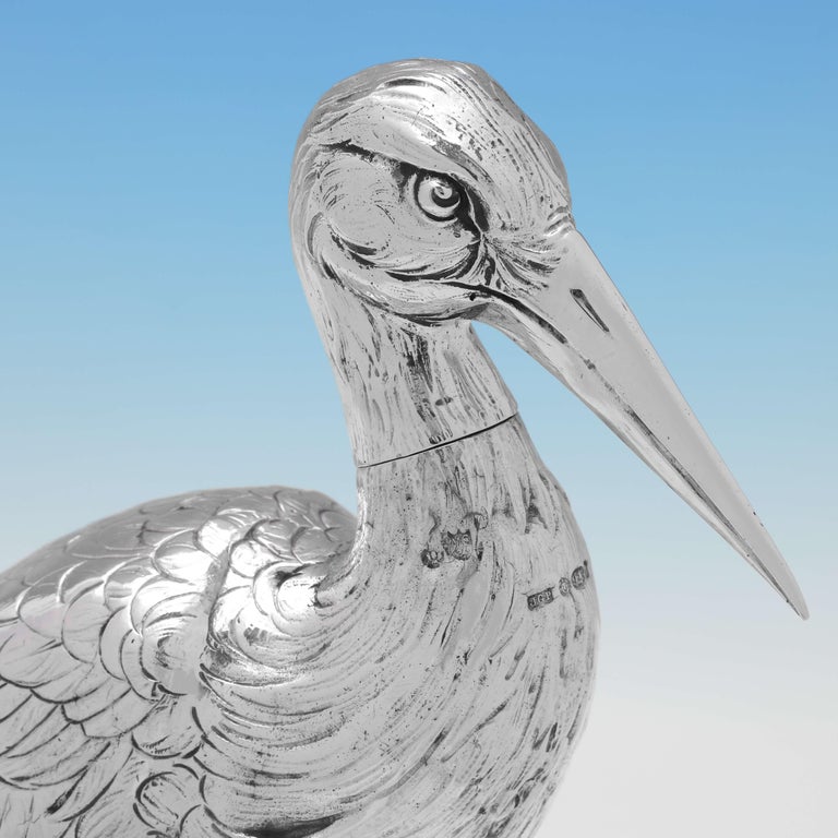 English Large & Rare Antique Sterling Silver Model of a Stork, London 1906 Import For Sale