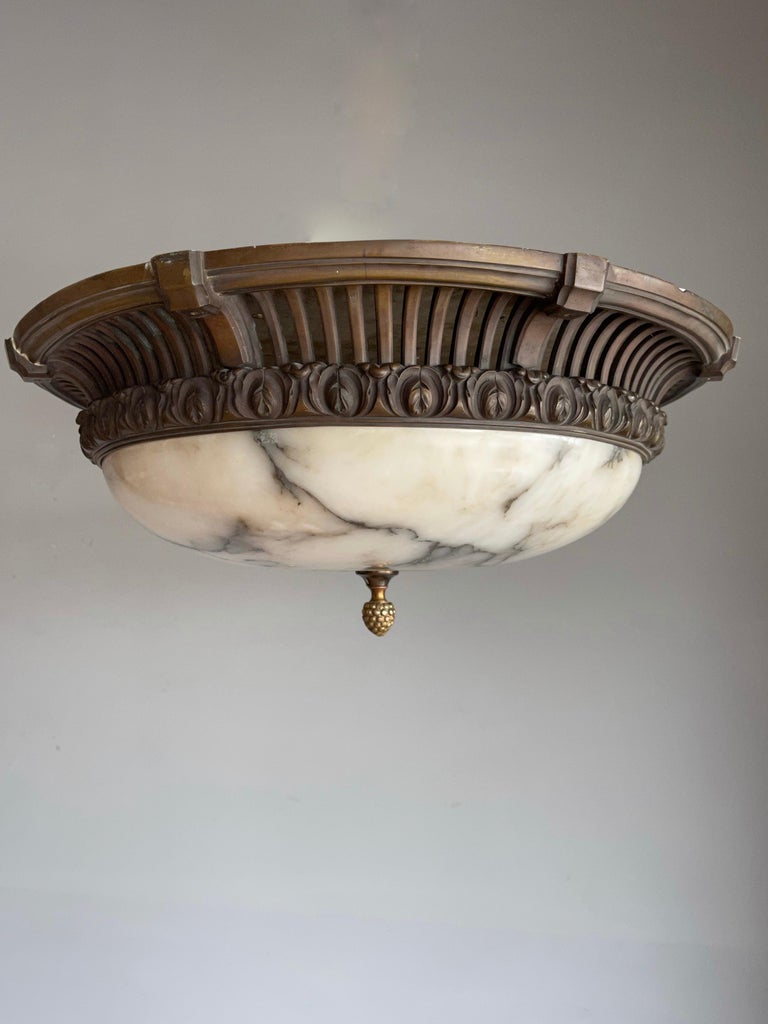 Large and Rare Antique White Alabaster and Cast Bronze Flush Mount