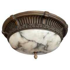 Large & Rare Antique White Alabaster and Cast Bronze Flush Mount / Ceiling Light
