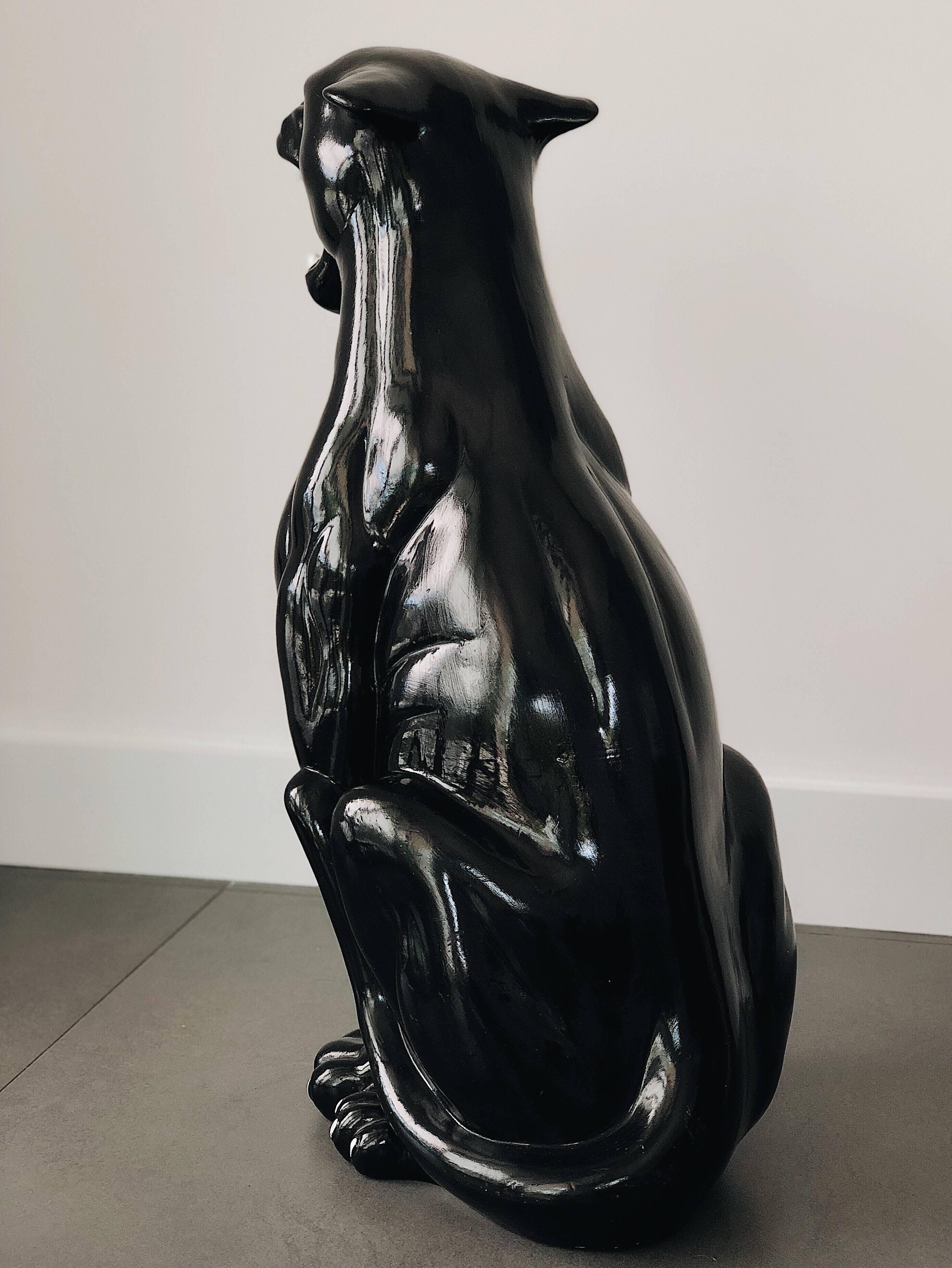 Italian Large Rare Black Panther Ceramic Sculpture, Italy, 1960s