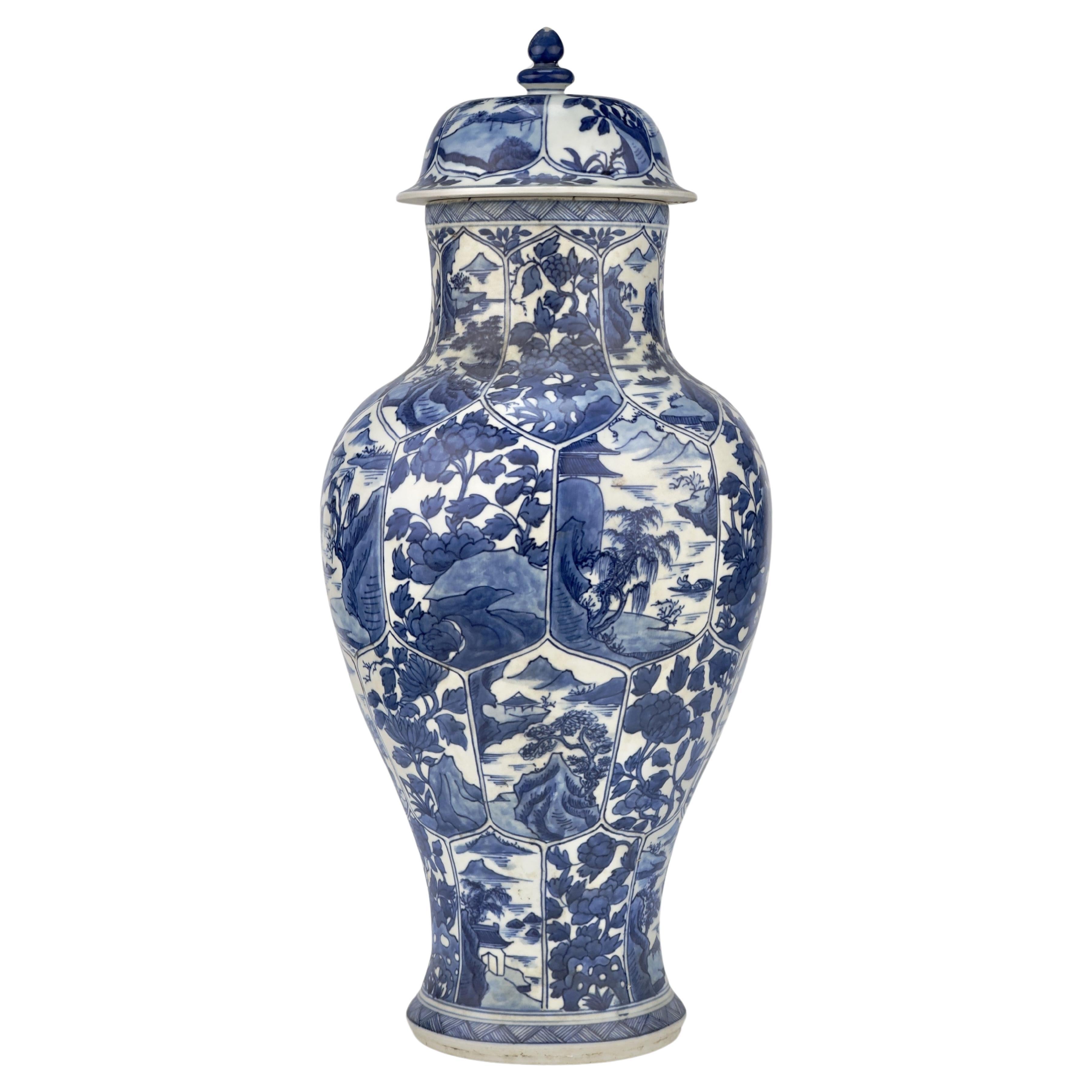 Large Rare Blue and White Baluster Vase, Qing Dynasty, Kangxi, Circa 1690 For Sale