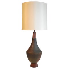 Large Rare Ceramic & Walnut Table Lamp by Aldo Londi for Bitossi of Italy
