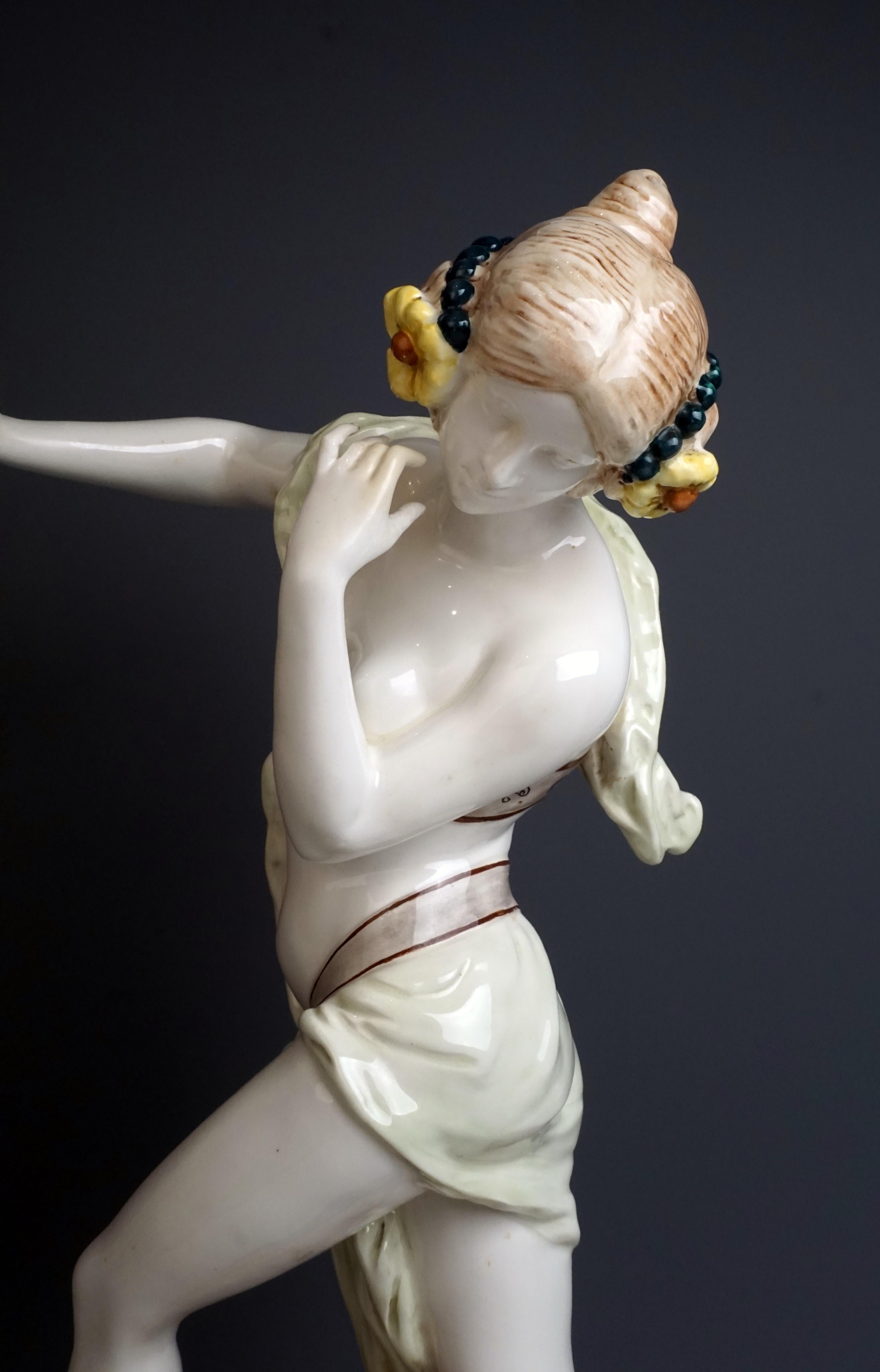 Hand-Painted Large Rare Goldscheider Vienna Art Nouveau Figurine 'Bacchante' by Podola